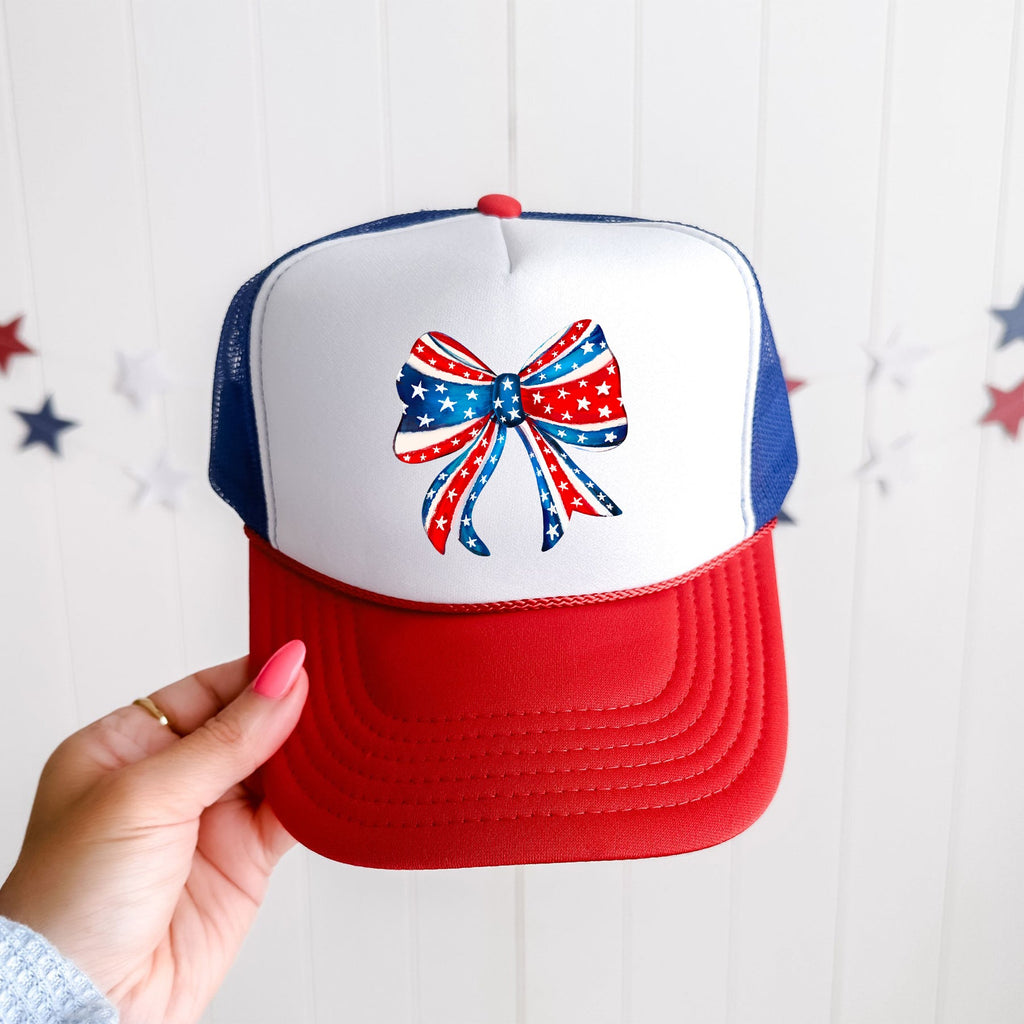America Ribbon Coquette Patriotic Flag Inspired Stars Stripes Edition Snapback Trucker Hat
