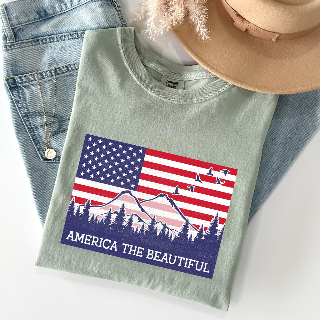 America The Beautiful Flag Mountain Patriotic Landscape Emblem Comfort Colors Tee