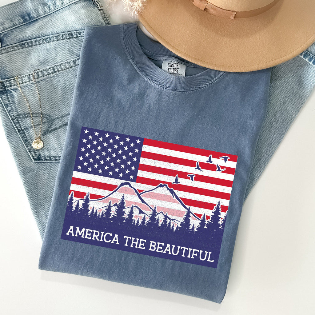 America The Beautiful Flag Mountain Patriotic Landscape Emblem Comfort Colors Tee