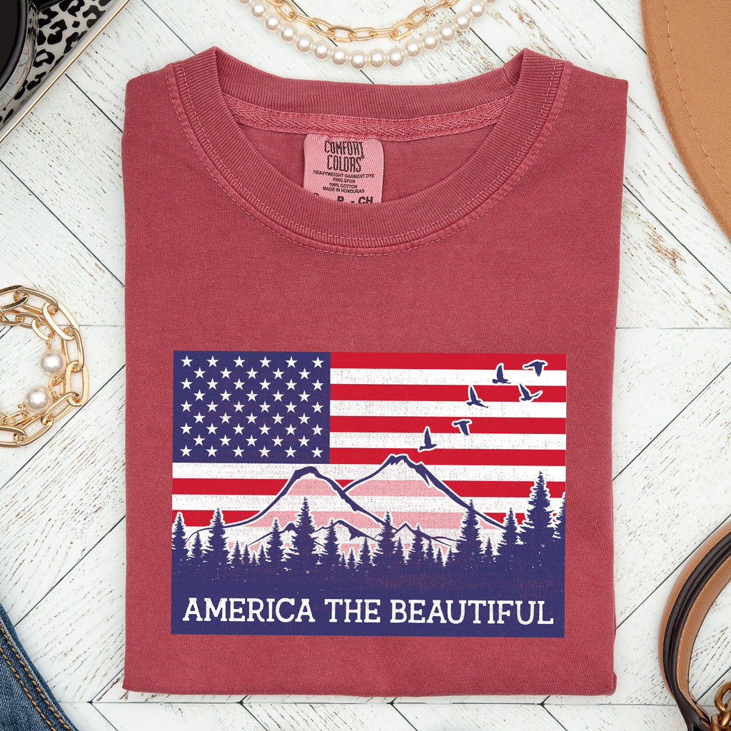 America The Beautiful Flag Mountain Patriotic Landscape Emblem Comfort Colors Tee