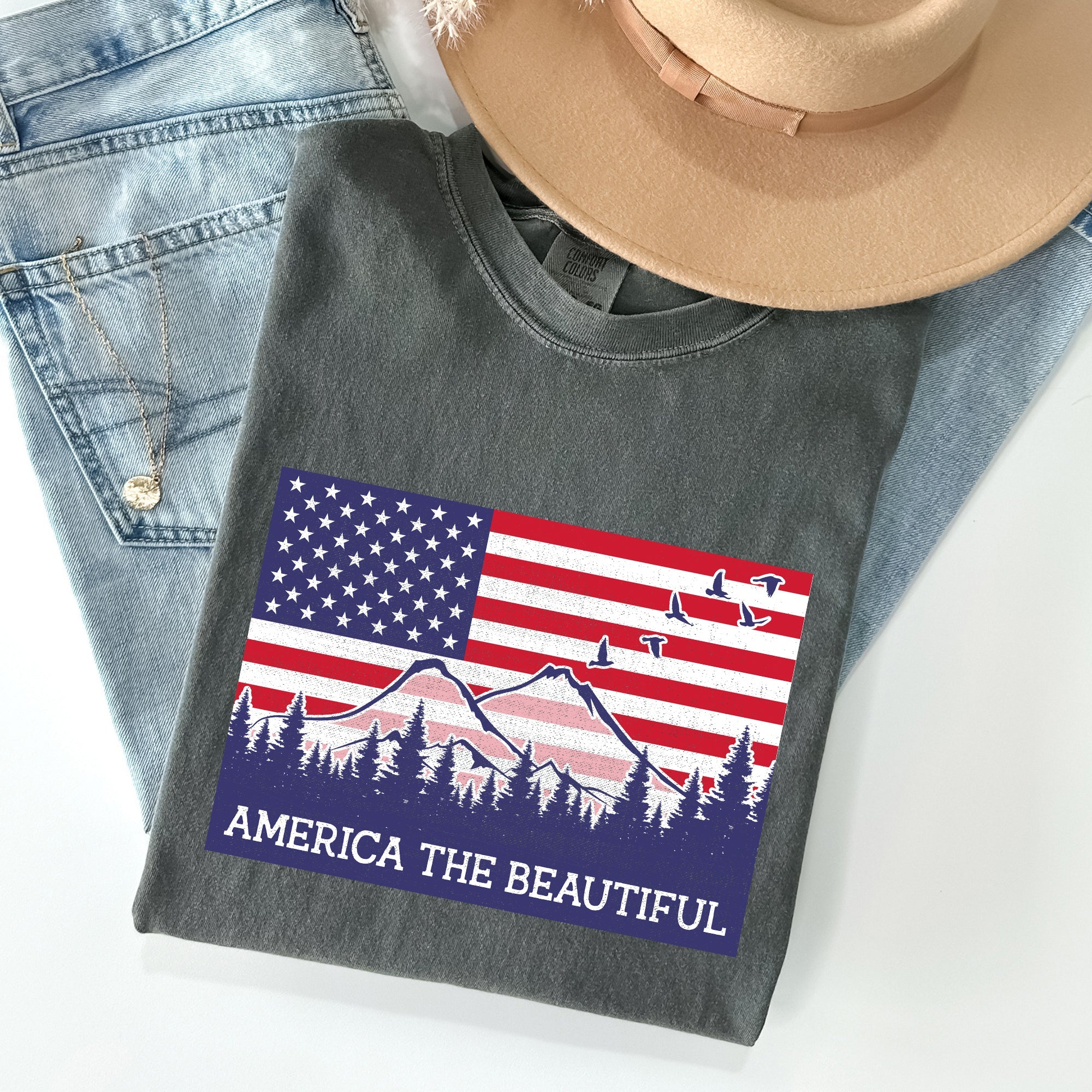 America The Beautiful Flag Mountain Patriotic Landscape Emblem Comfort Colors Tee