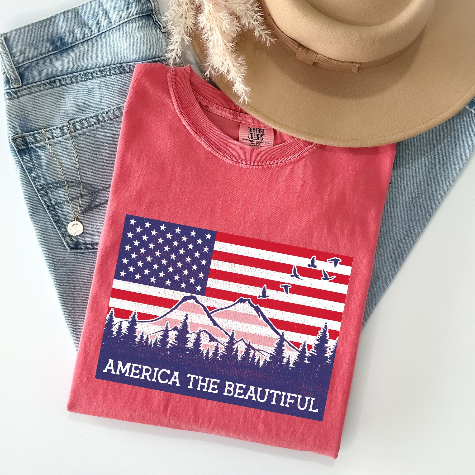 America The Beautiful Flag Mountain Patriotic Landscape Emblem Comfort Colors Tee