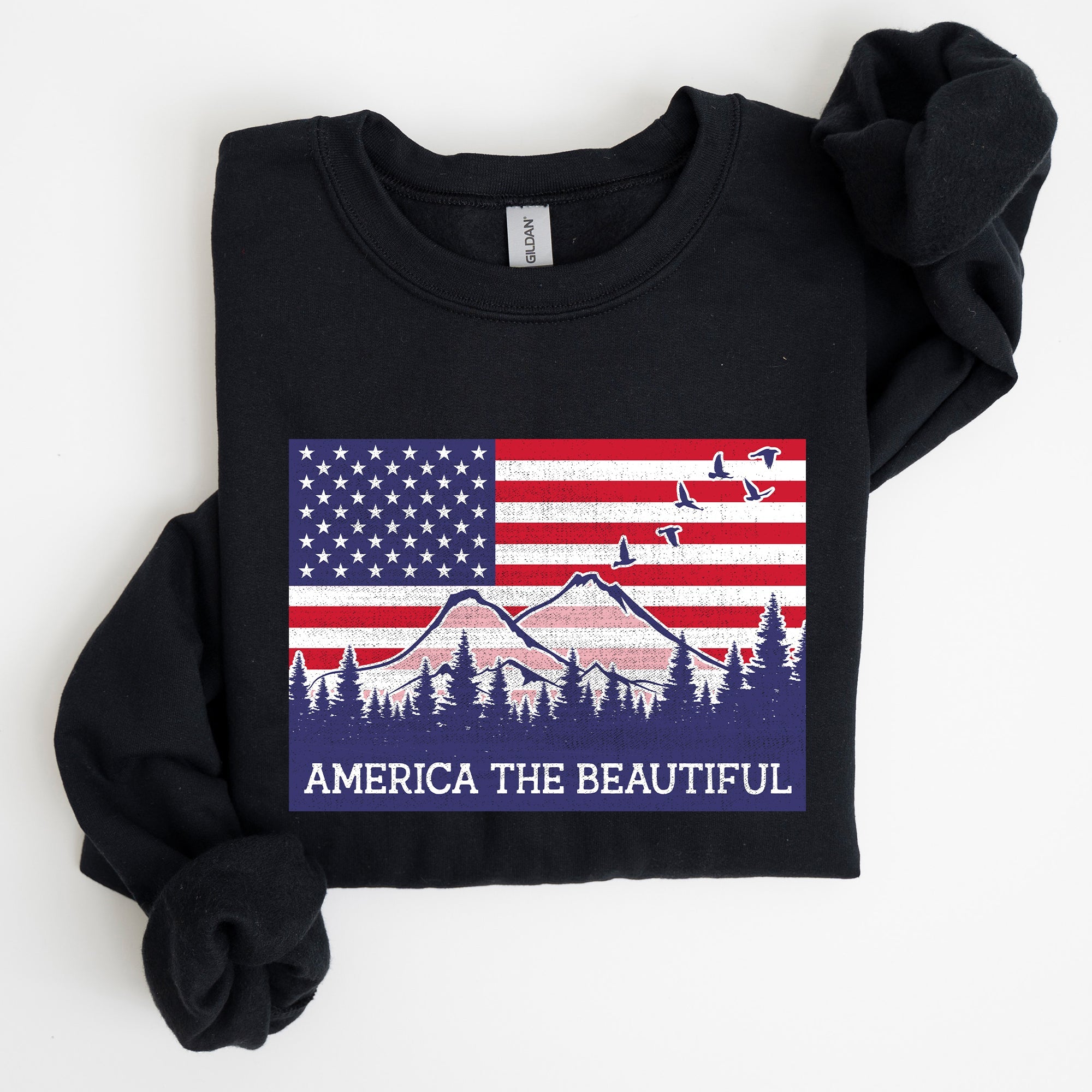 America The Beautiful Flag Mountains Patriotic Scenic Wilderness Outdoor Adventure Sweatshirt
