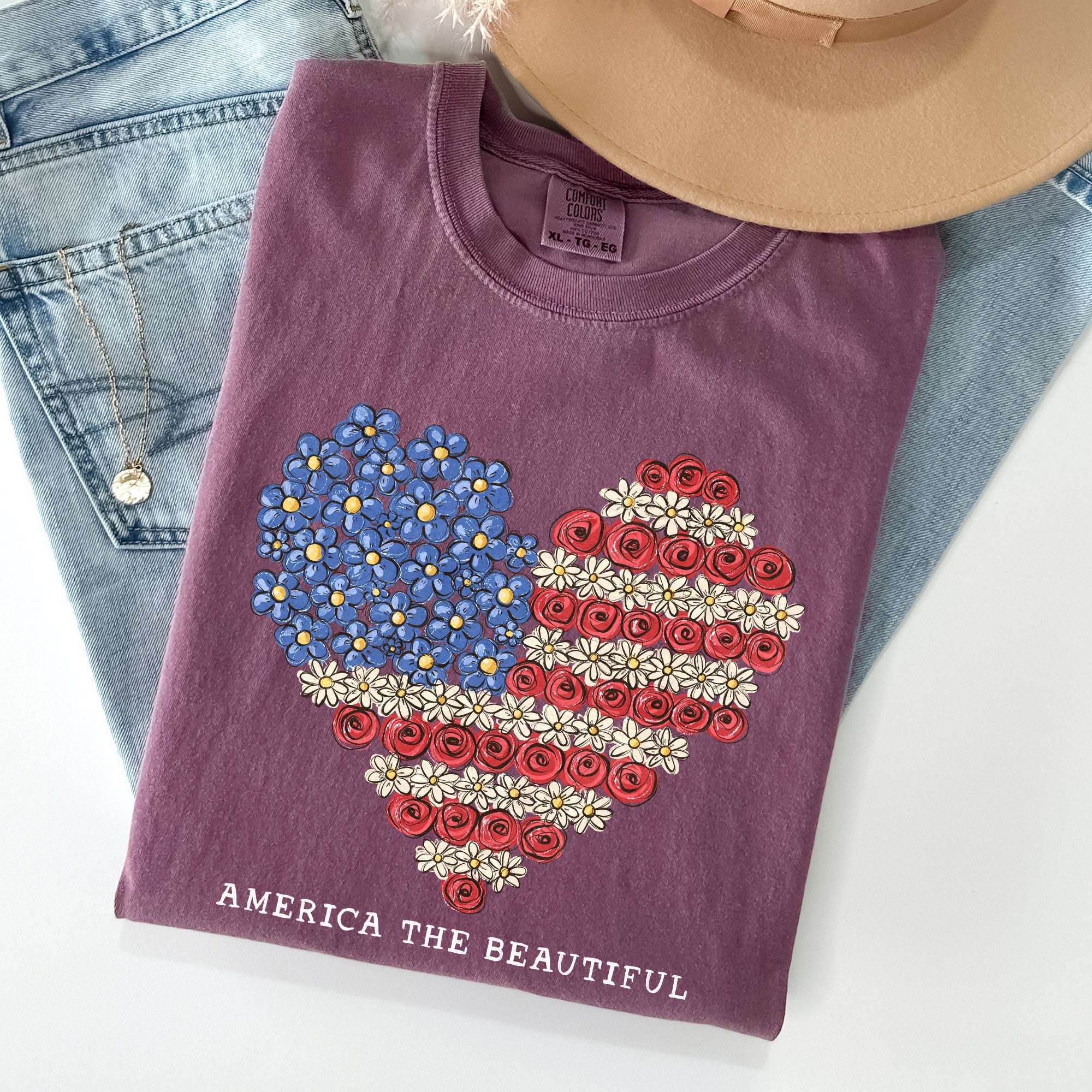 America The Beautiful Flowers Heart Flag Patriotic Floral Design Comfort Colors Tee