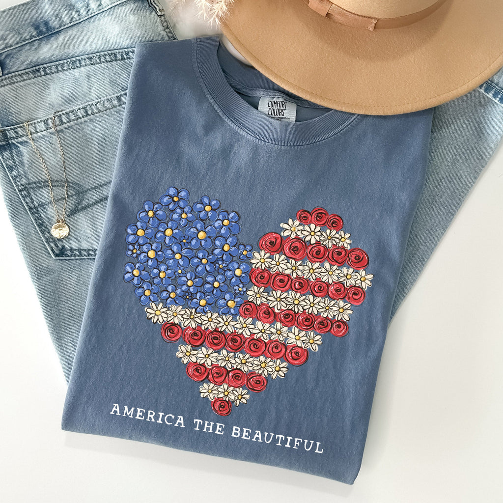 America The Beautiful Flowers Heart Flag Patriotic Floral Design Comfort Colors Tee