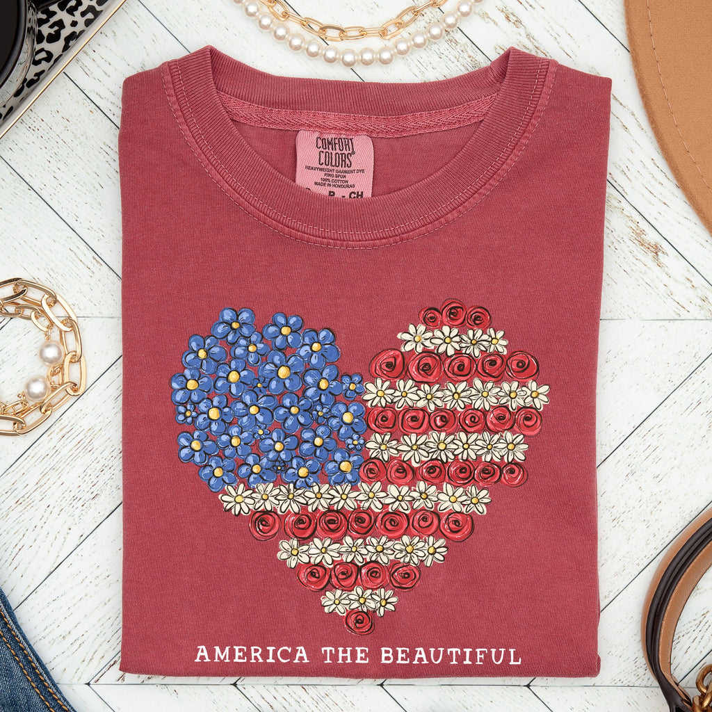 America The Beautiful Flowers Heart Flag Patriotic Floral Design Comfort Colors Tee