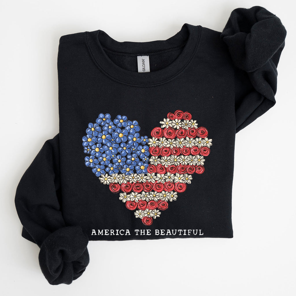 America The Beautiful Flowers Heart Flag American Patriot Floral Motif Sweatshirt
