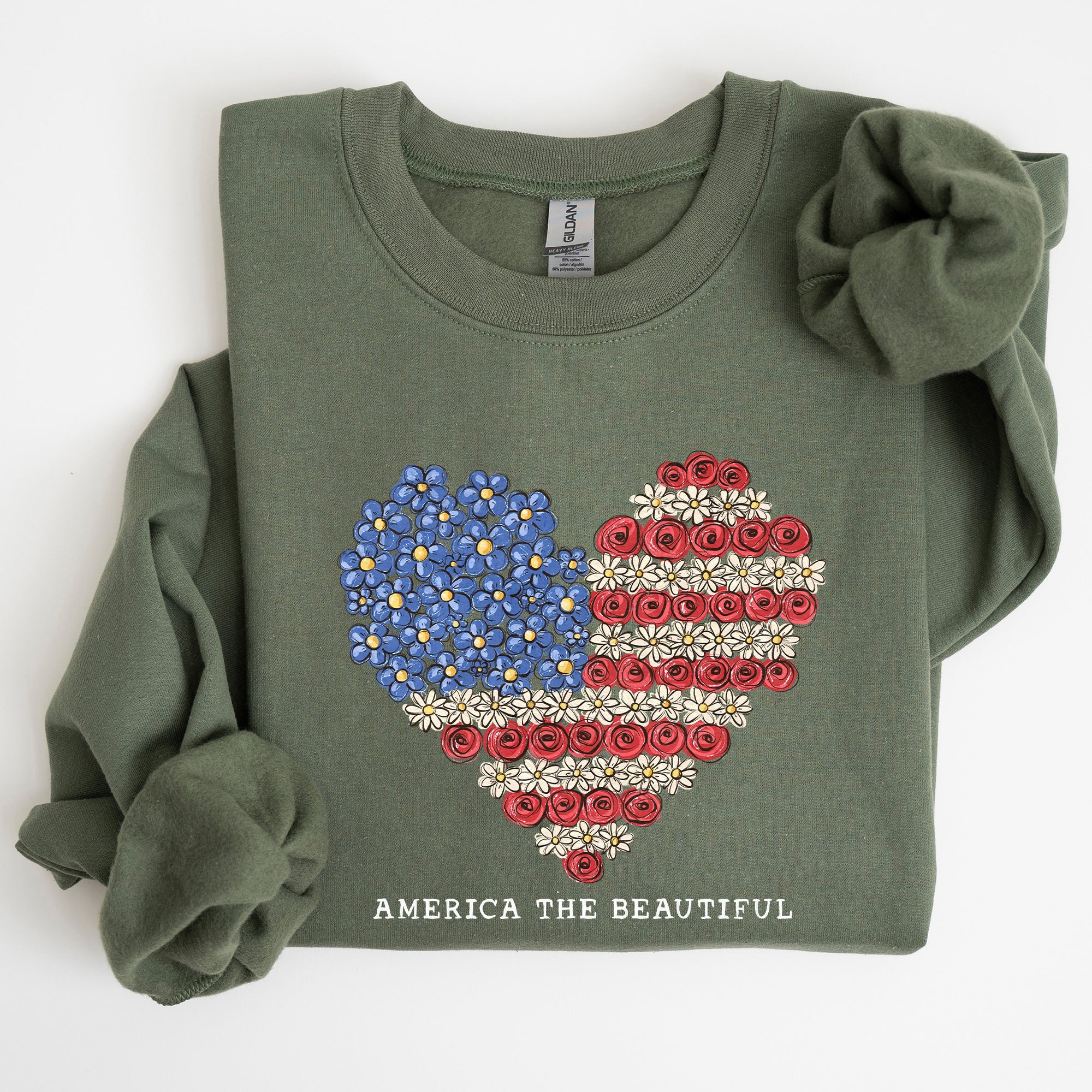 America The Beautiful Flowers Heart Flag American Patriot Floral Motif Sweatshirt