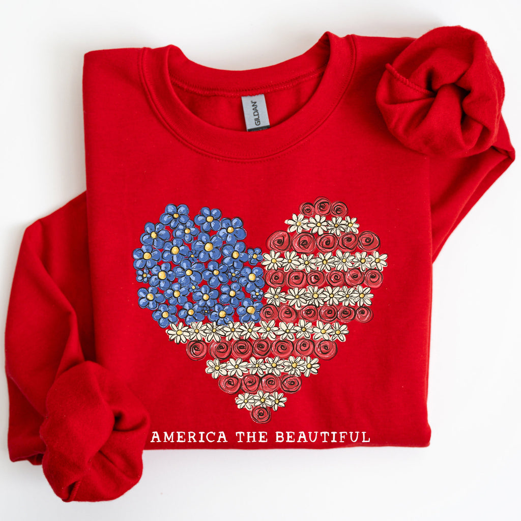 America The Beautiful Flowers Heart Flag American Patriot Floral Motif Sweatshirt