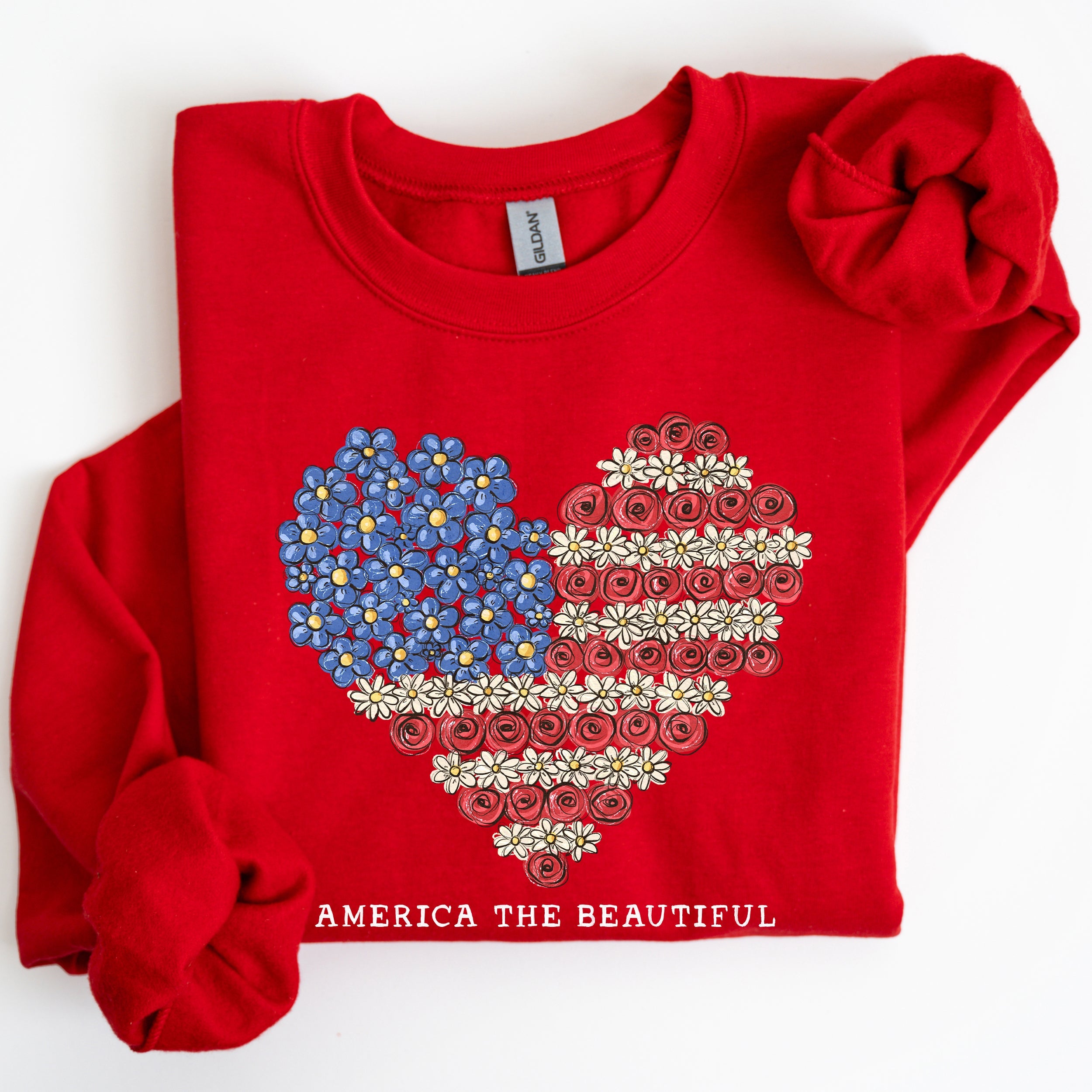 America The Beautiful Flowers Heart Flag American Patriot Floral Motif Sweatshirt