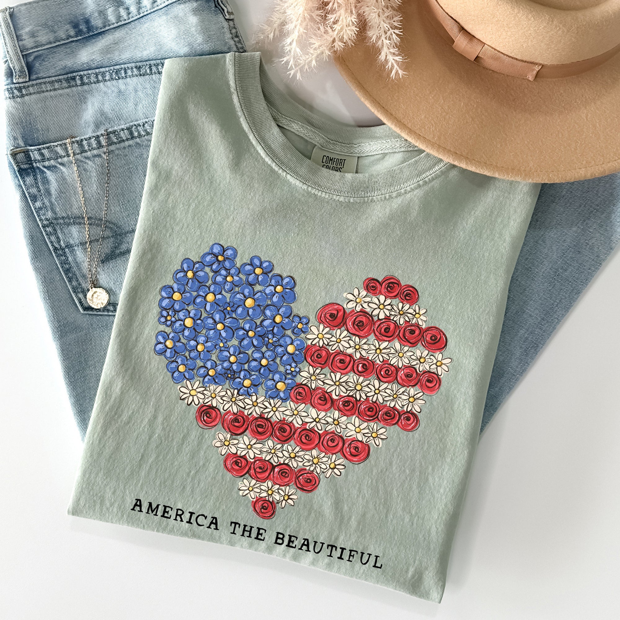 America The Beautiful Flowers Heart Flag Patriotic Floral Design Comfort Colors Tee