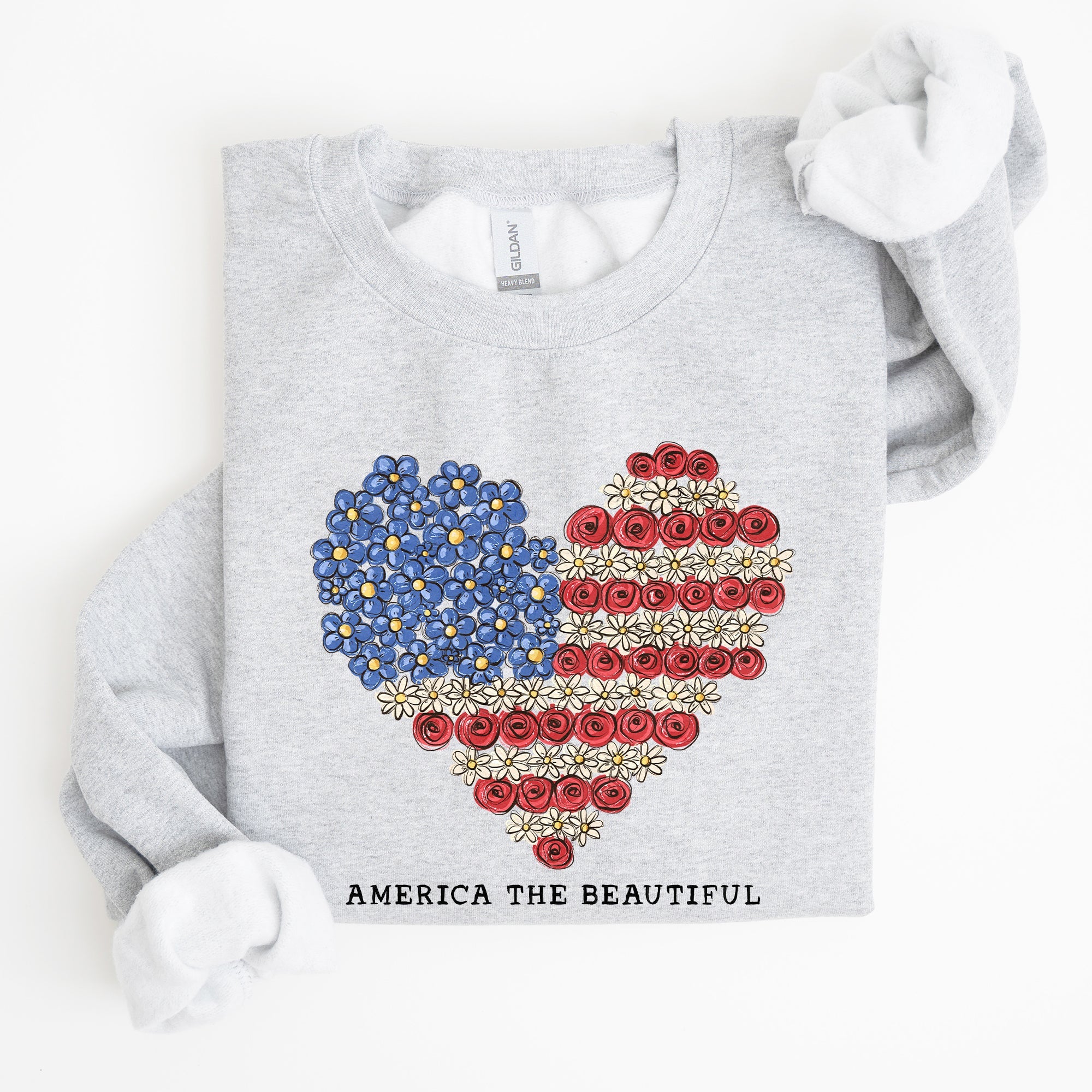 America The Beautiful Flowers Heart Flag American Patriot Floral Motif Sweatshirt