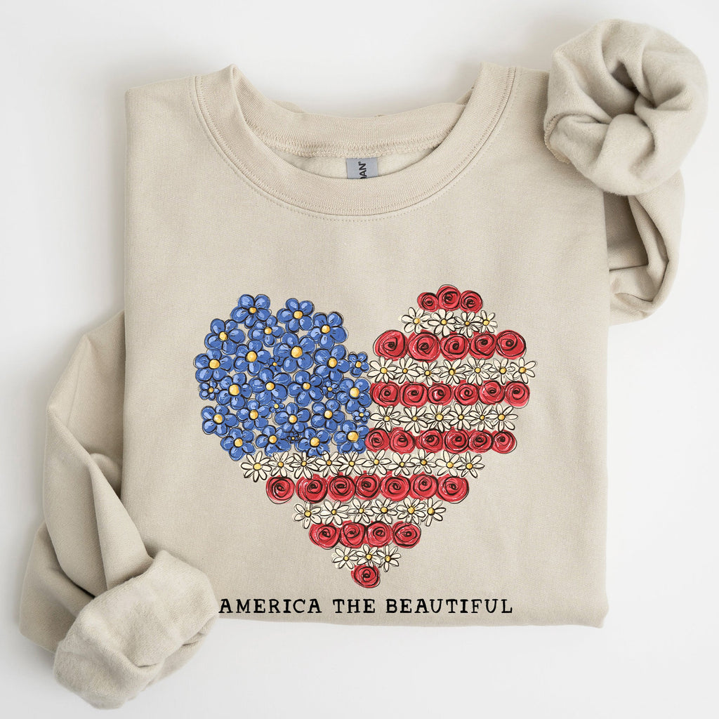 America The Beautiful Flowers Heart Flag American Patriot Floral Motif Sweatshirt