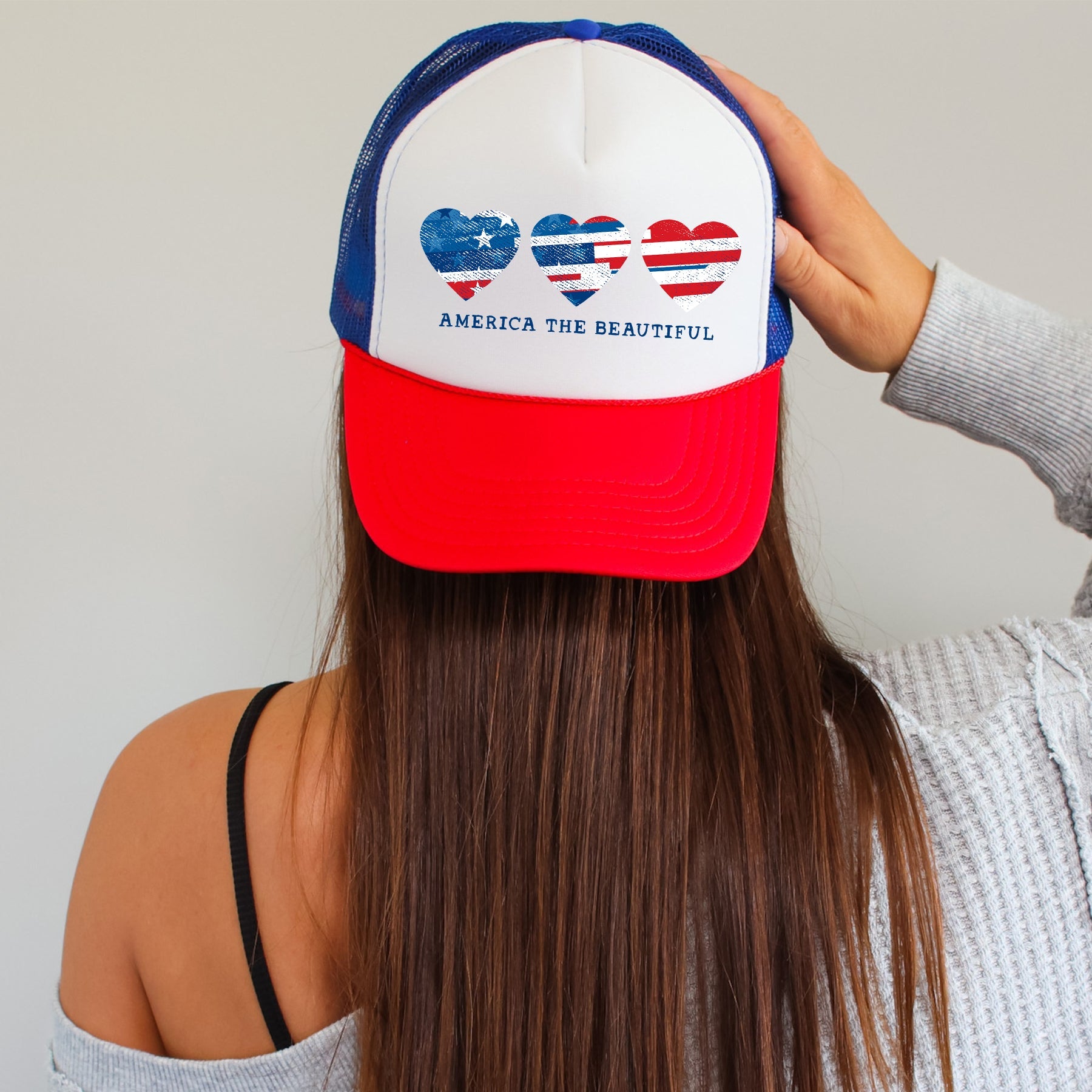 America The Beautiful Hearts Patriotic Trucker Hat For Independence Day Fans Celebrate Year Round