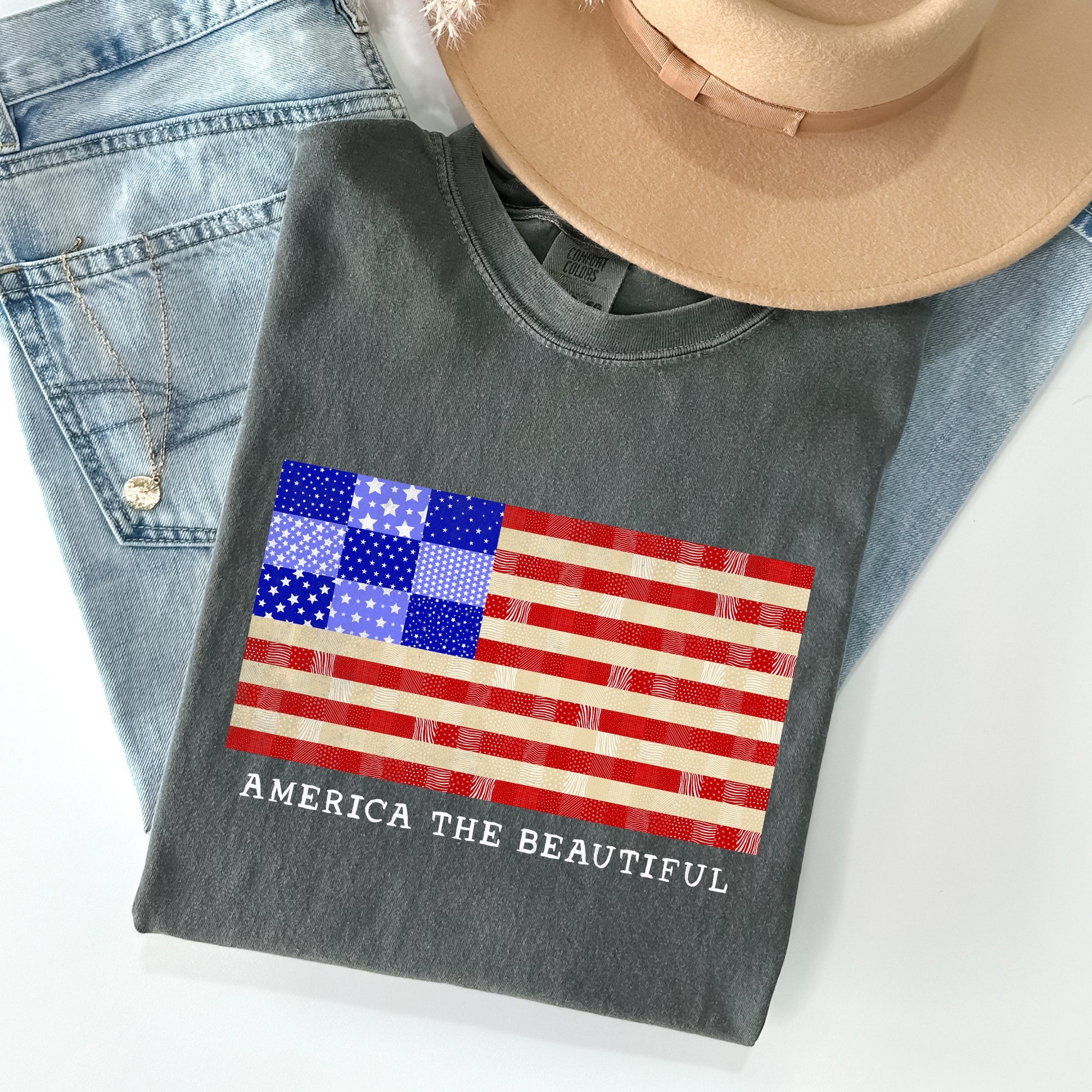 America The Beautiful Quilt Flag Fourth Of July Patriotic Quilt Pattern Comfort Colors Tee