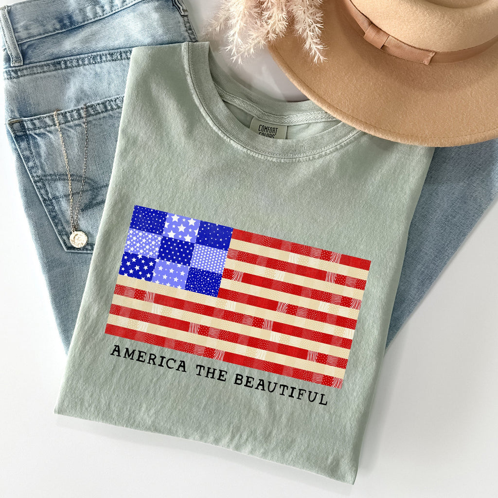 America The Beautiful Quilt Flag Fourth Of July Patriotic Quilt Pattern Comfort Colors Tee