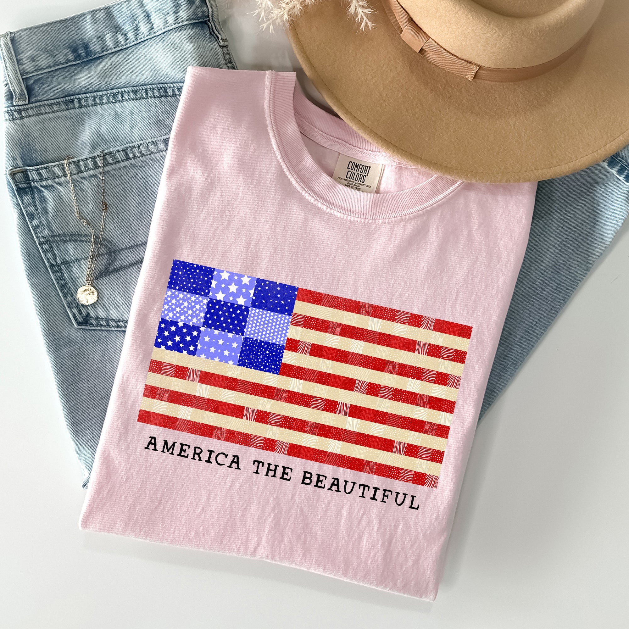 America The Beautiful Quilt Flag Fourth Of July Patriotic Quilt Pattern Comfort Colors Tee