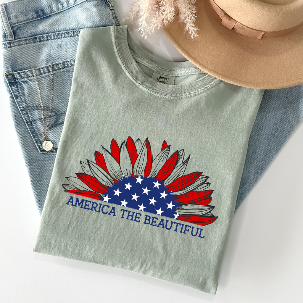 America The Beautiful Sunflower Flag Red White Blue Patriotic Comfort Colors Tee