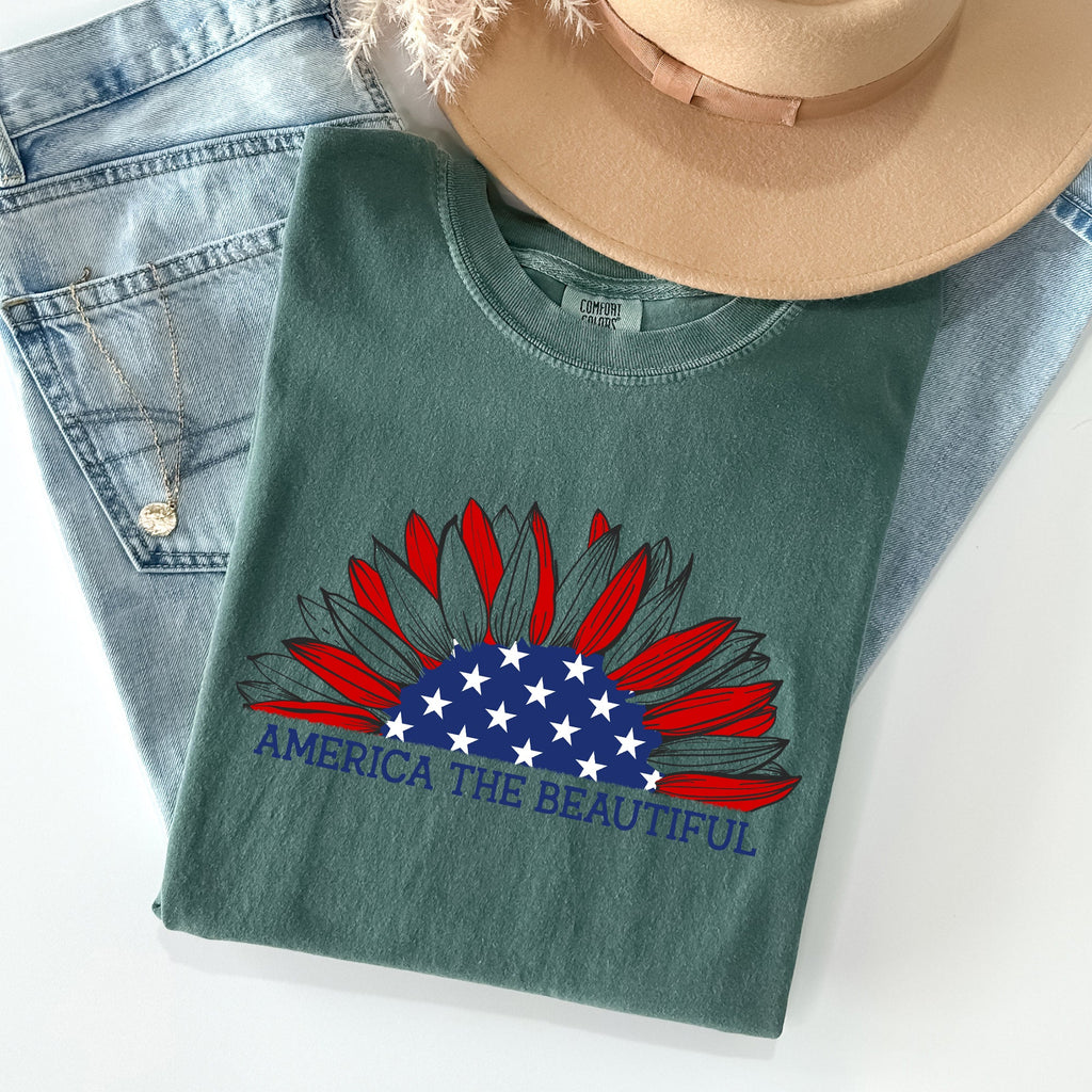 America The Beautiful Sunflower Flag Red White Blue Patriotic Comfort Colors Tee