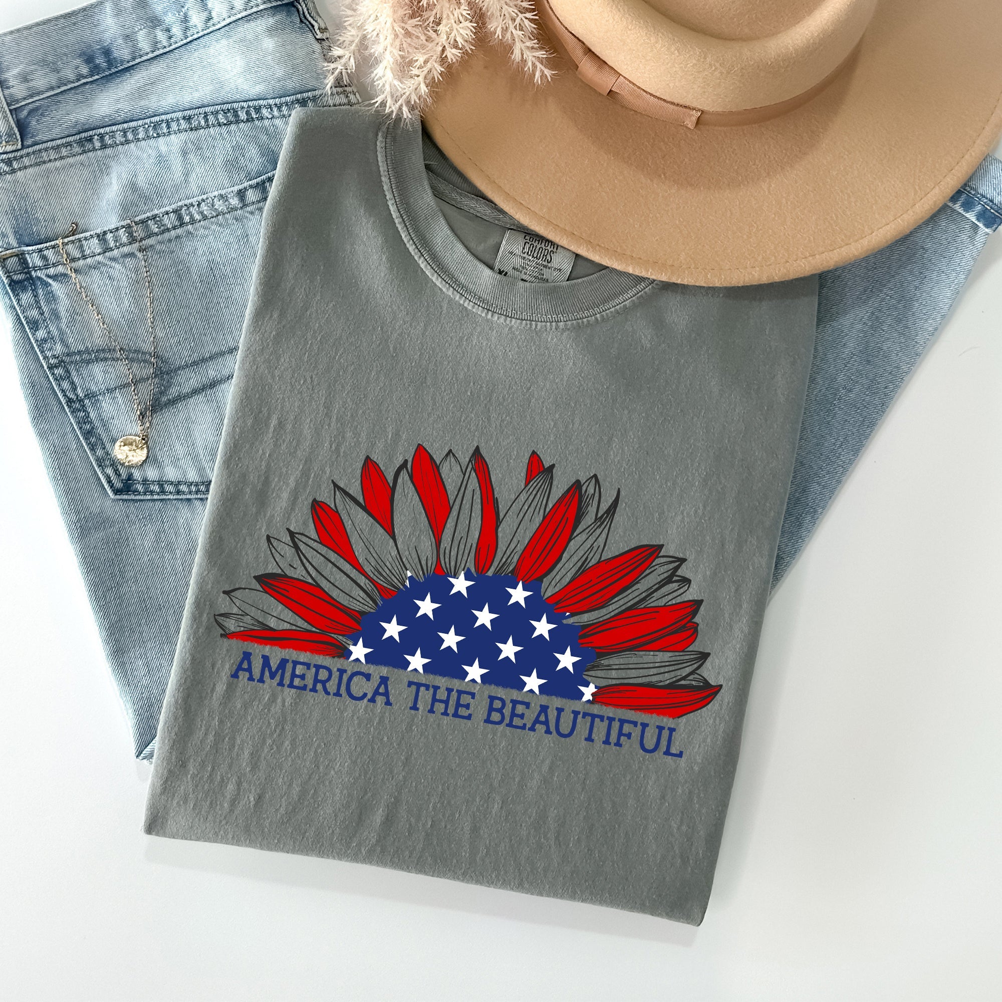 America The Beautiful Sunflower Flag Red White Blue Patriotic Comfort Colors Tee