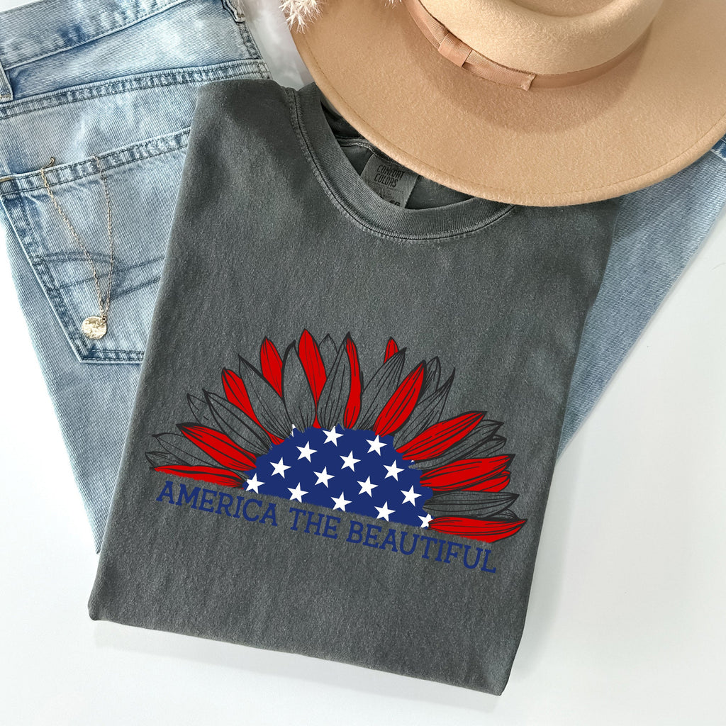 America The Beautiful Sunflower Flag Red White Blue Patriotic Comfort Colors Tee