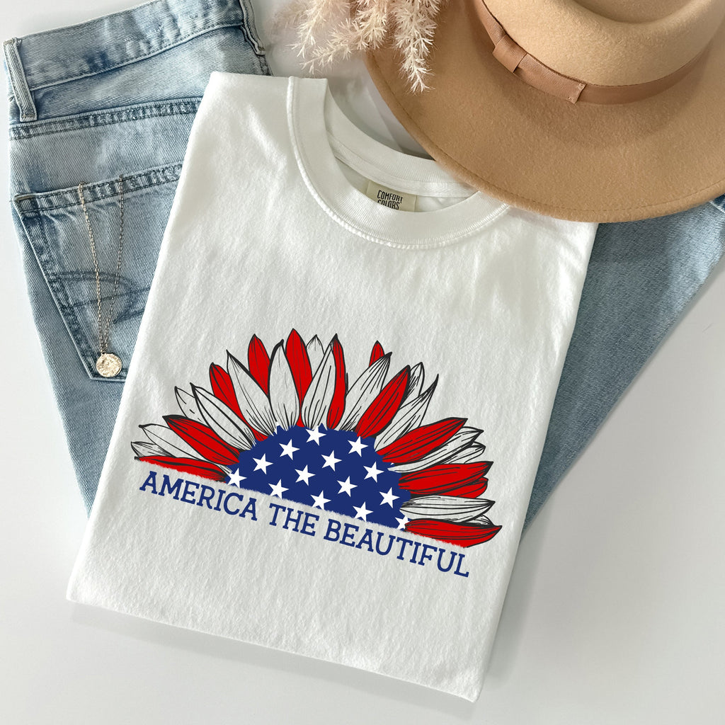 America The Beautiful Sunflower Flag Red White Blue Patriotic Comfort Colors Tee