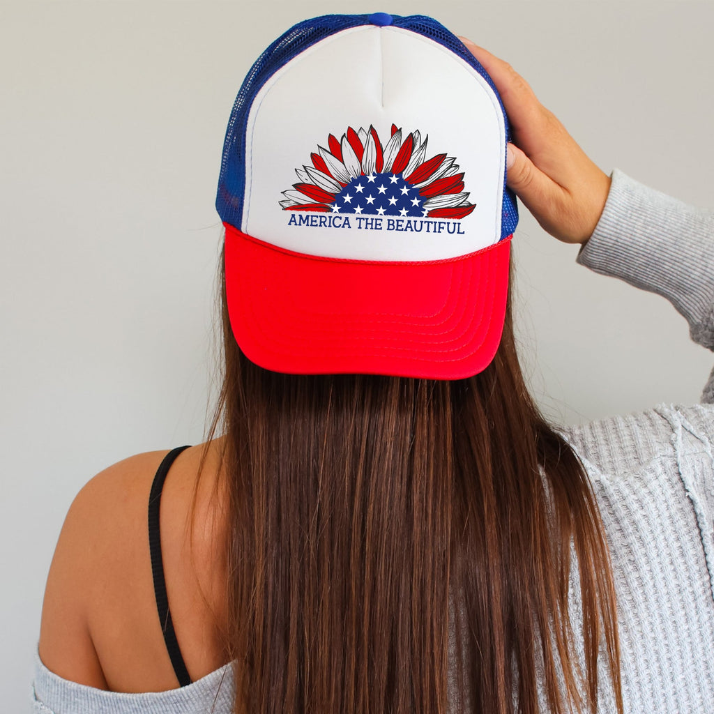 America The Beautiful Sunflower Patriotic Pride Flag Emblem Heritage Trucker Hat