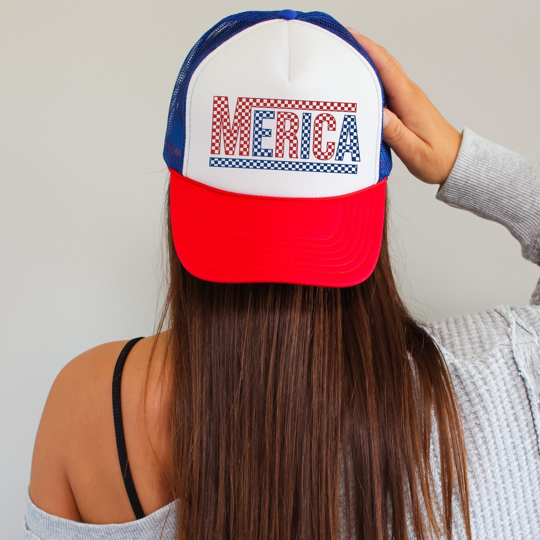 America Checkered Patriotic Fourth Of July Edition Premium Adjustable Trucker Hat