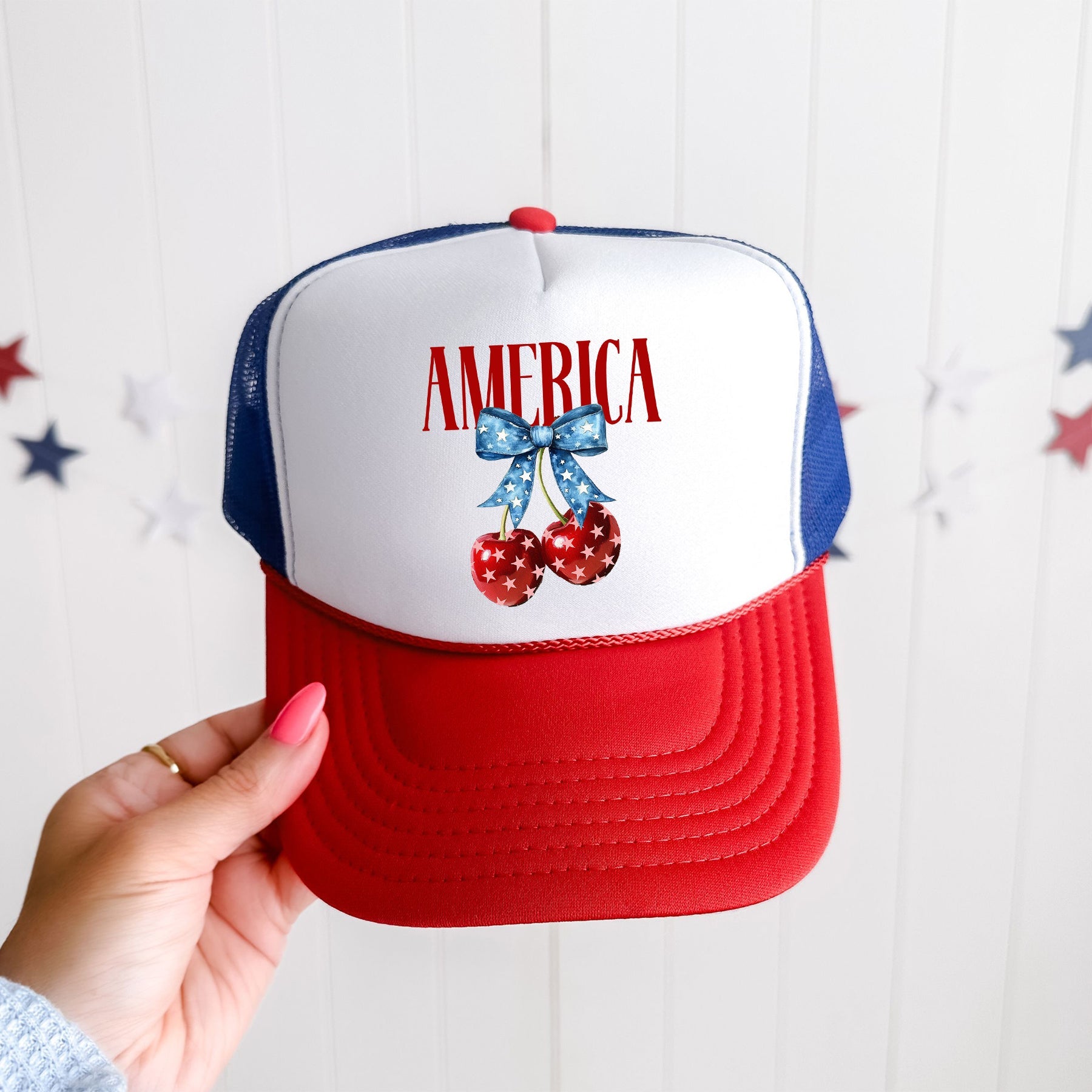 America, Cherries, Patriotic Flag Inspired American Pride Summer Holiday Edition Trucker Hat