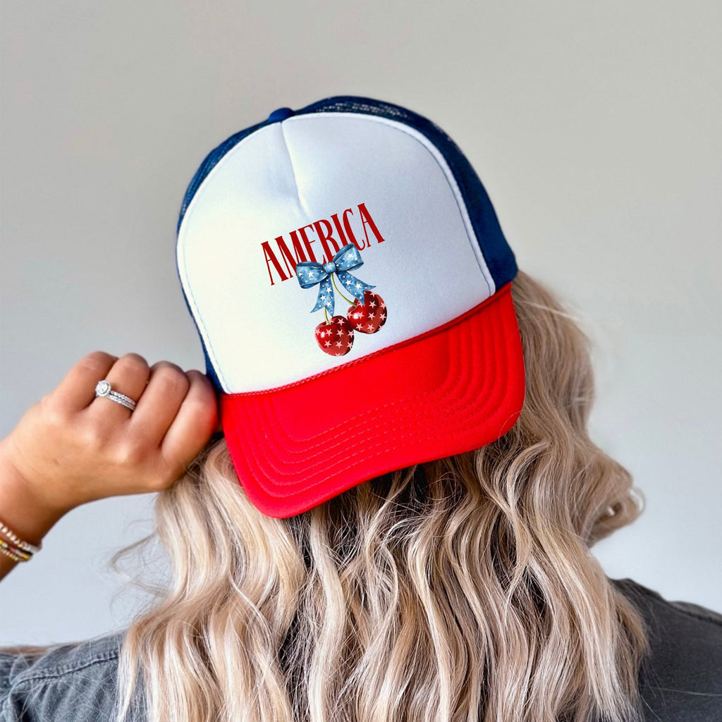 America, Cherries, Patriotic Flag Inspired American Pride Summer Holiday Edition Trucker Hat