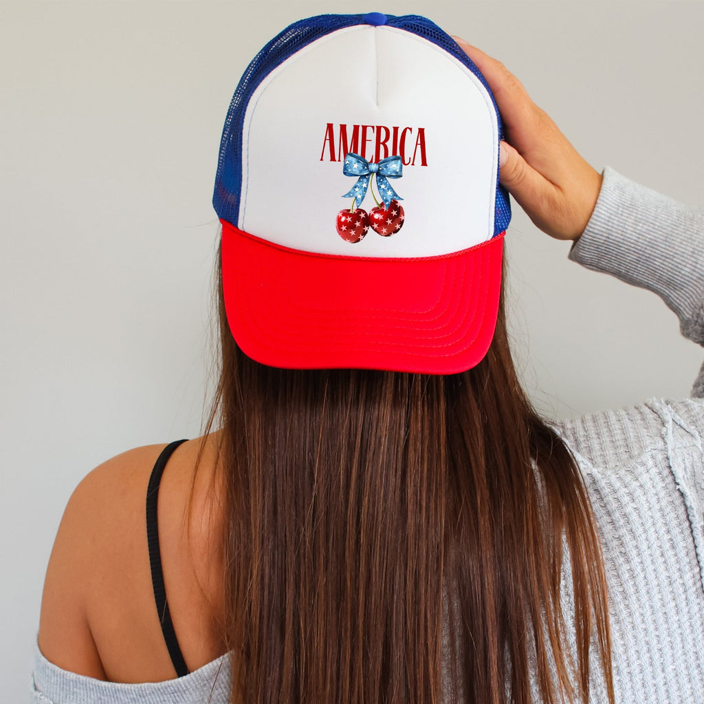 America, Cherries, Patriotic Flag Inspired American Pride Summer Holiday Edition Trucker Hat