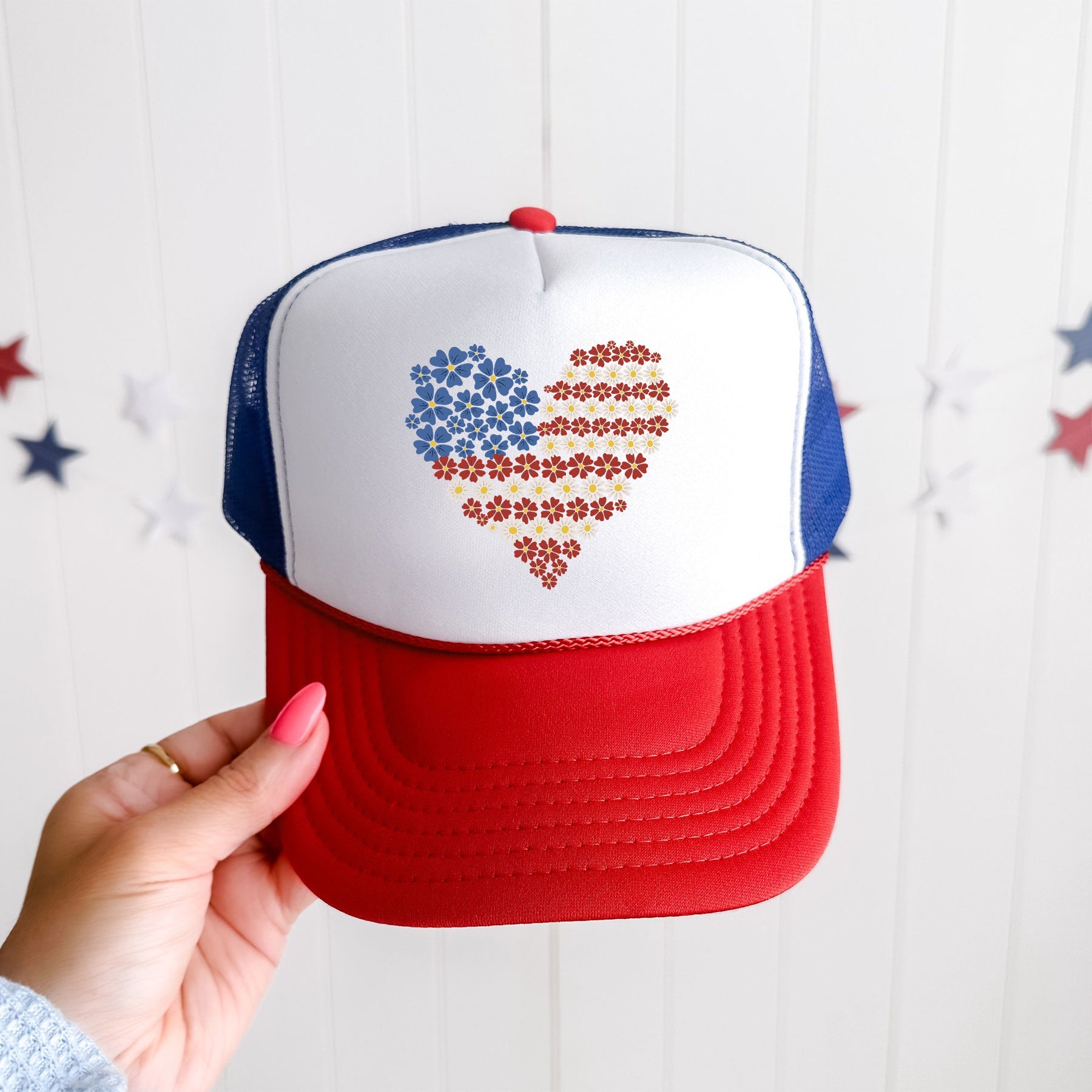 America Floral Heart Patriotic Pride Emblem Celebrating Freedom And American Spirit Trucker Hat