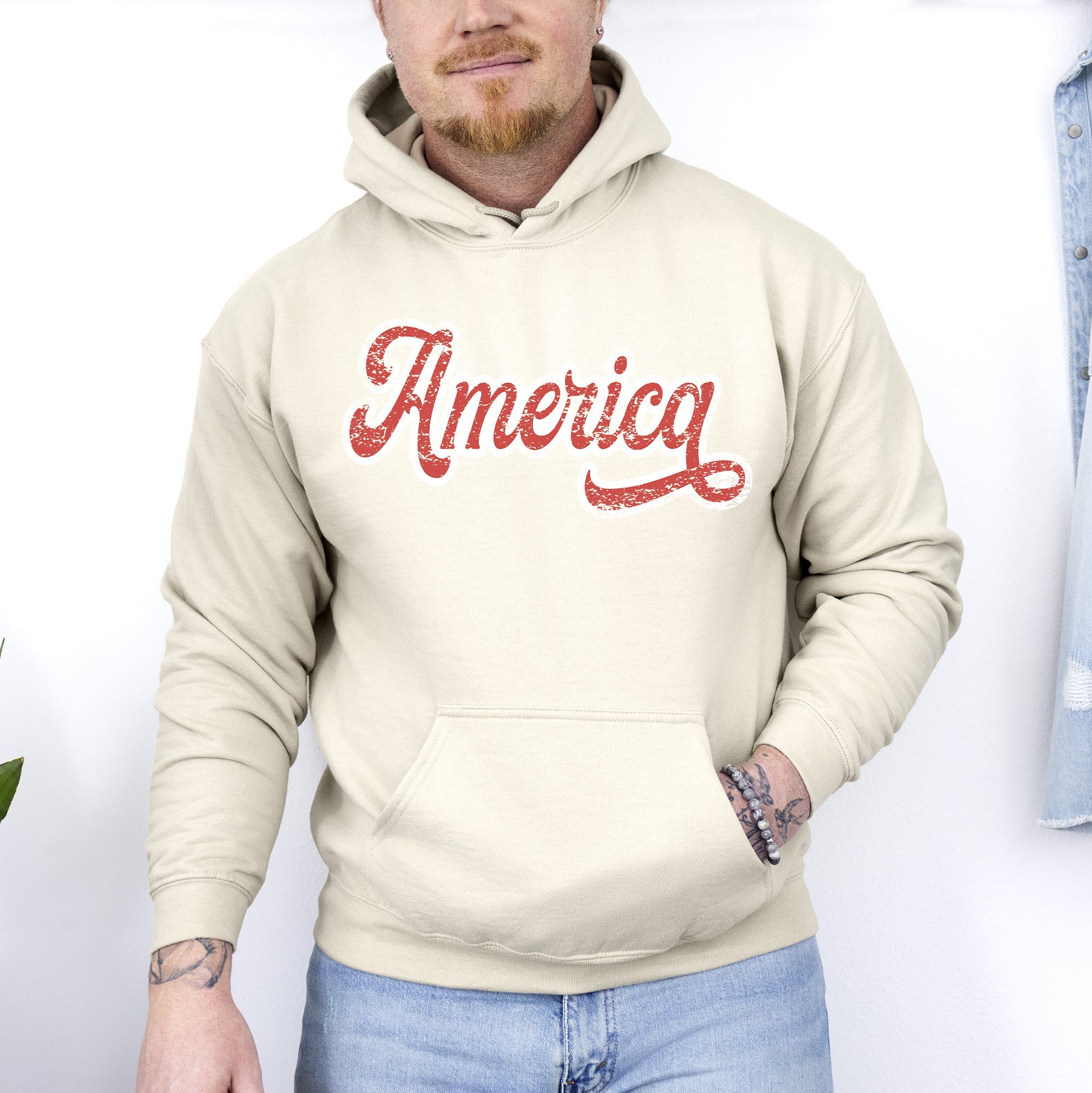 America Red White Varsity Retro Patriotic USA 4th of July Iconic Hooded Sweatshirt