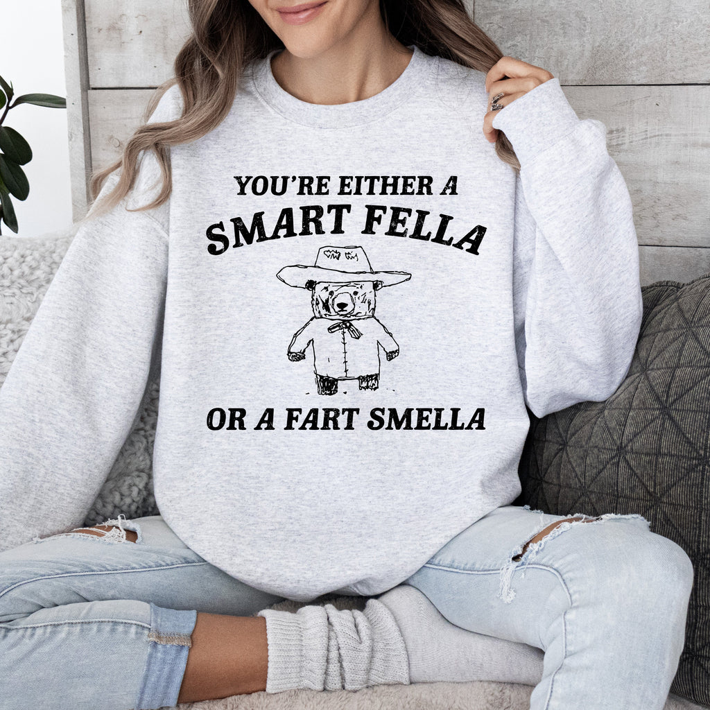 You're Either a Smart Fella Or a Fart Smella Bear Meme Graphic Cozy Fleece Lined Sweatshirt