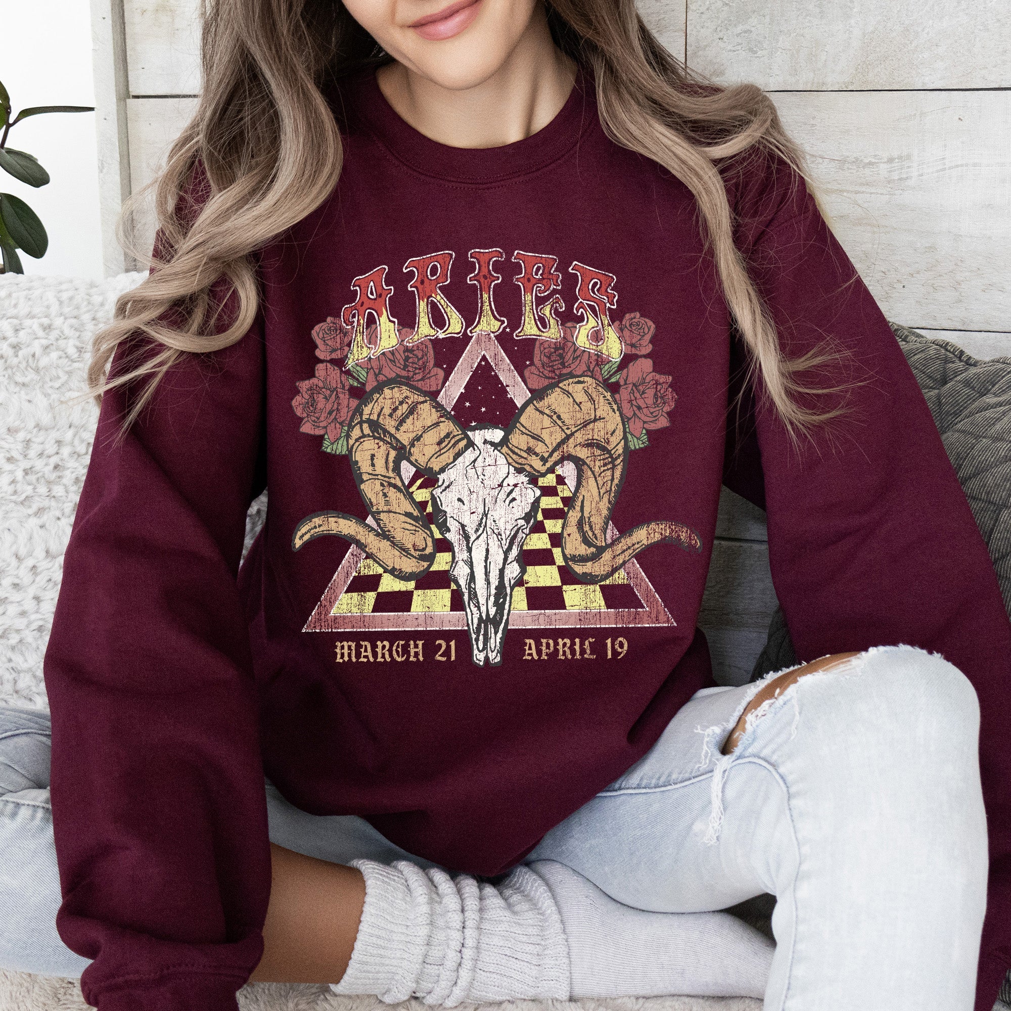 Aries Zodiac Astrology Horoscope Celestial Sign Constellation Pattern Vintage Inspired Graphic Sweatshirt