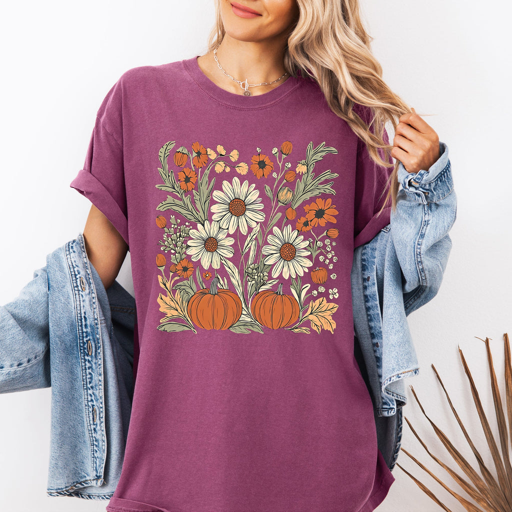 Autumn Botanical Floral Pressed Flowers Pumpkins Thanksgiving Harvest Comfort Colors Tee