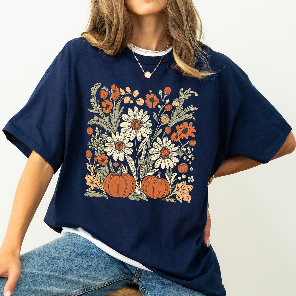 Autumn Botanical Floral Pressed Flowers Pumpkins Thanksgiving Harvest Comfort Colors Tee