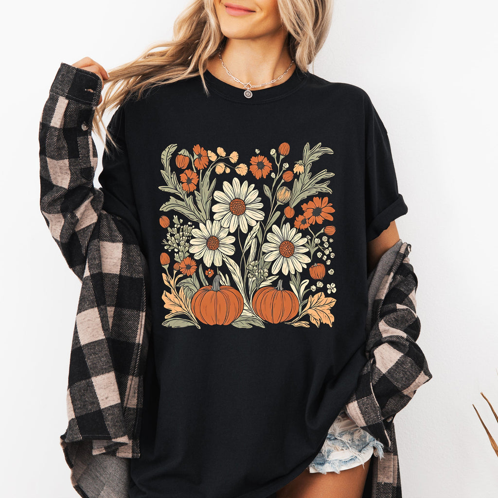 Autumn Botanical Floral Pressed Flowers Pumpkins Thanksgiving Harvest Comfort Colors Tee