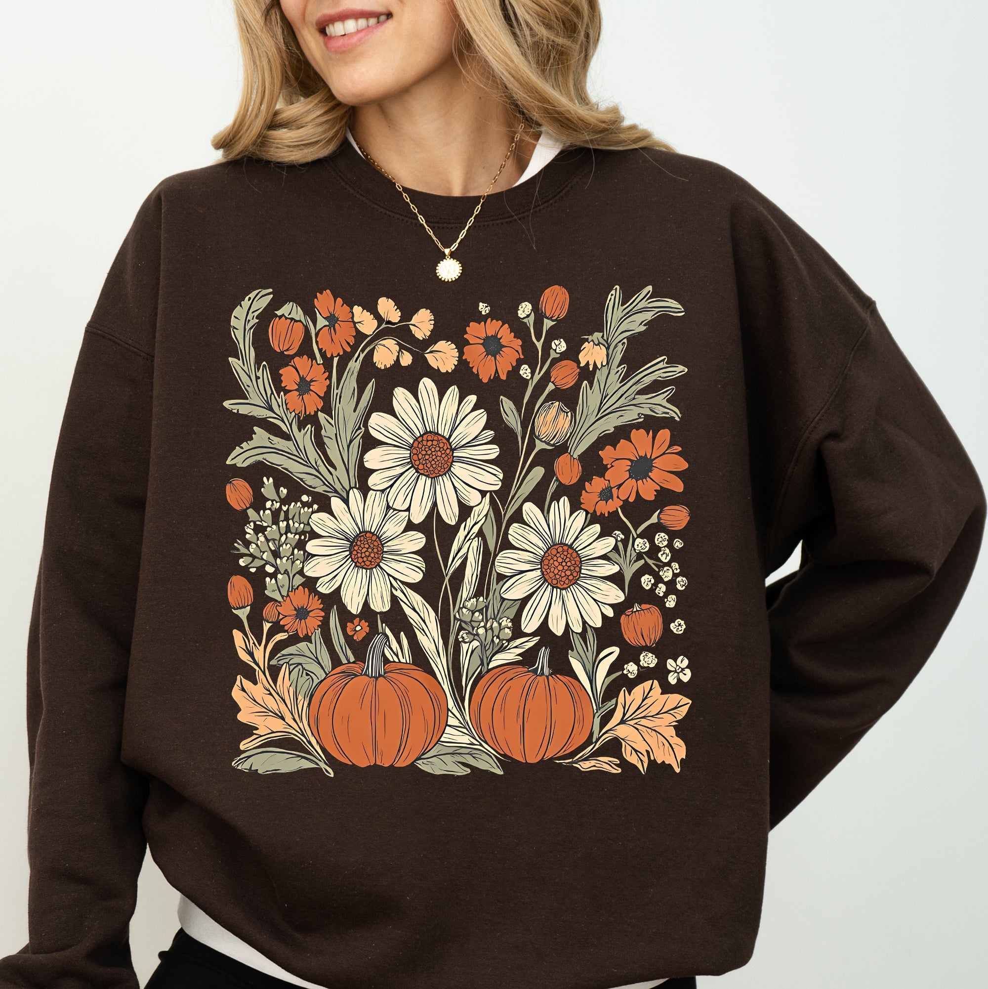 Autumn Botanical Floral Pressed Flowers Pumpkins Thanksgiving Season Cozy Sweatshirt