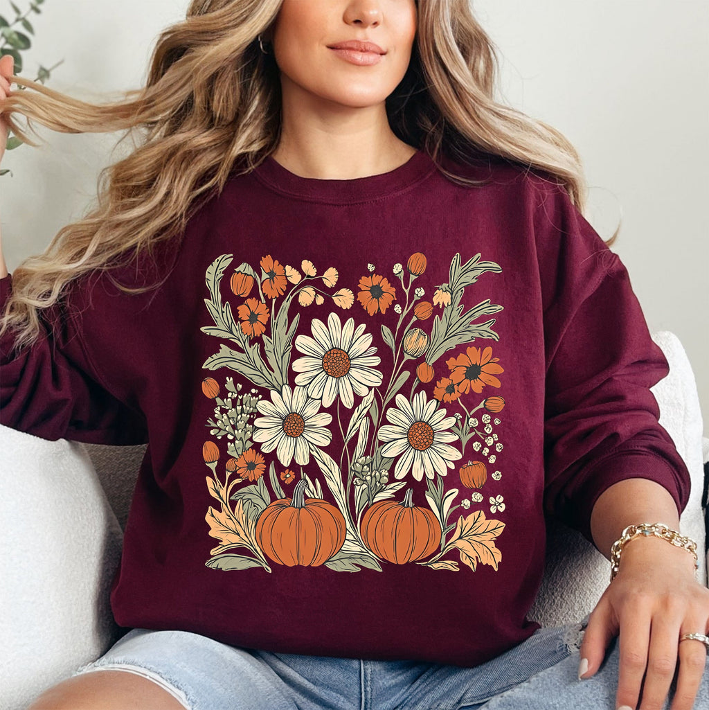 Autumn Botanical Floral Pressed Flowers Pumpkins Thanksgiving Season Cozy Sweatshirt