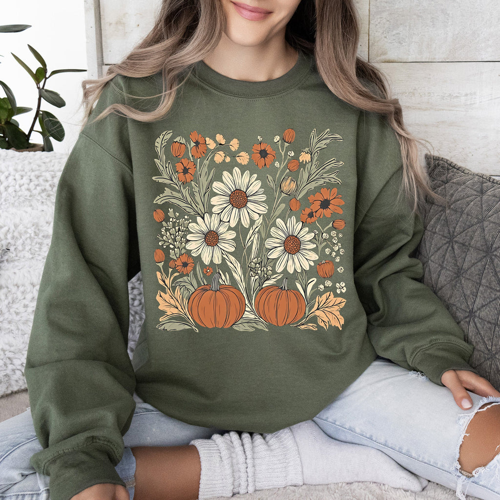 Autumn Botanical Floral Pressed Flowers Pumpkins Thanksgiving Season Cozy Sweatshirt