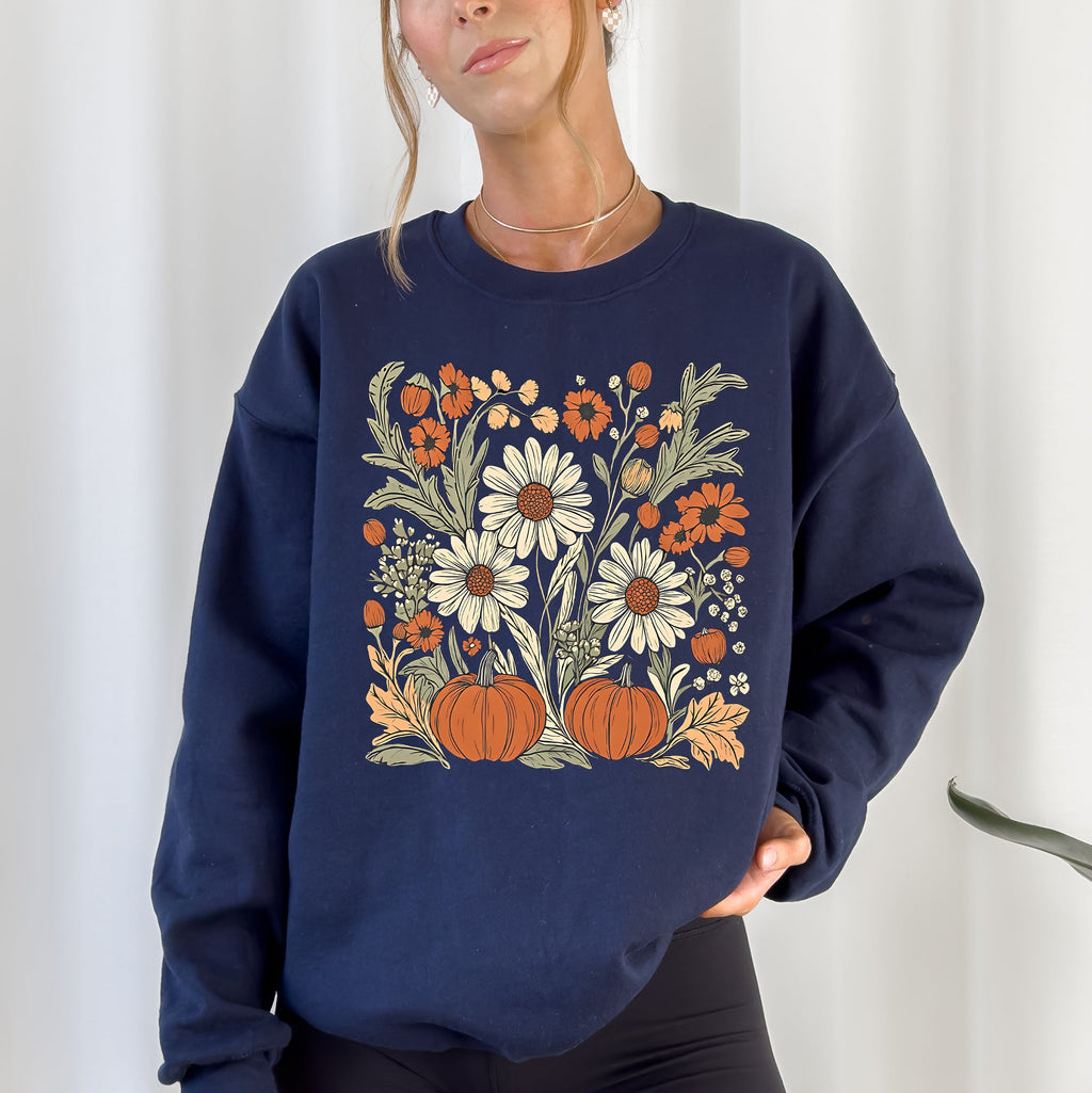 Autumn Botanical Floral Pressed Flowers Pumpkins Thanksgiving Season Cozy Sweatshirt