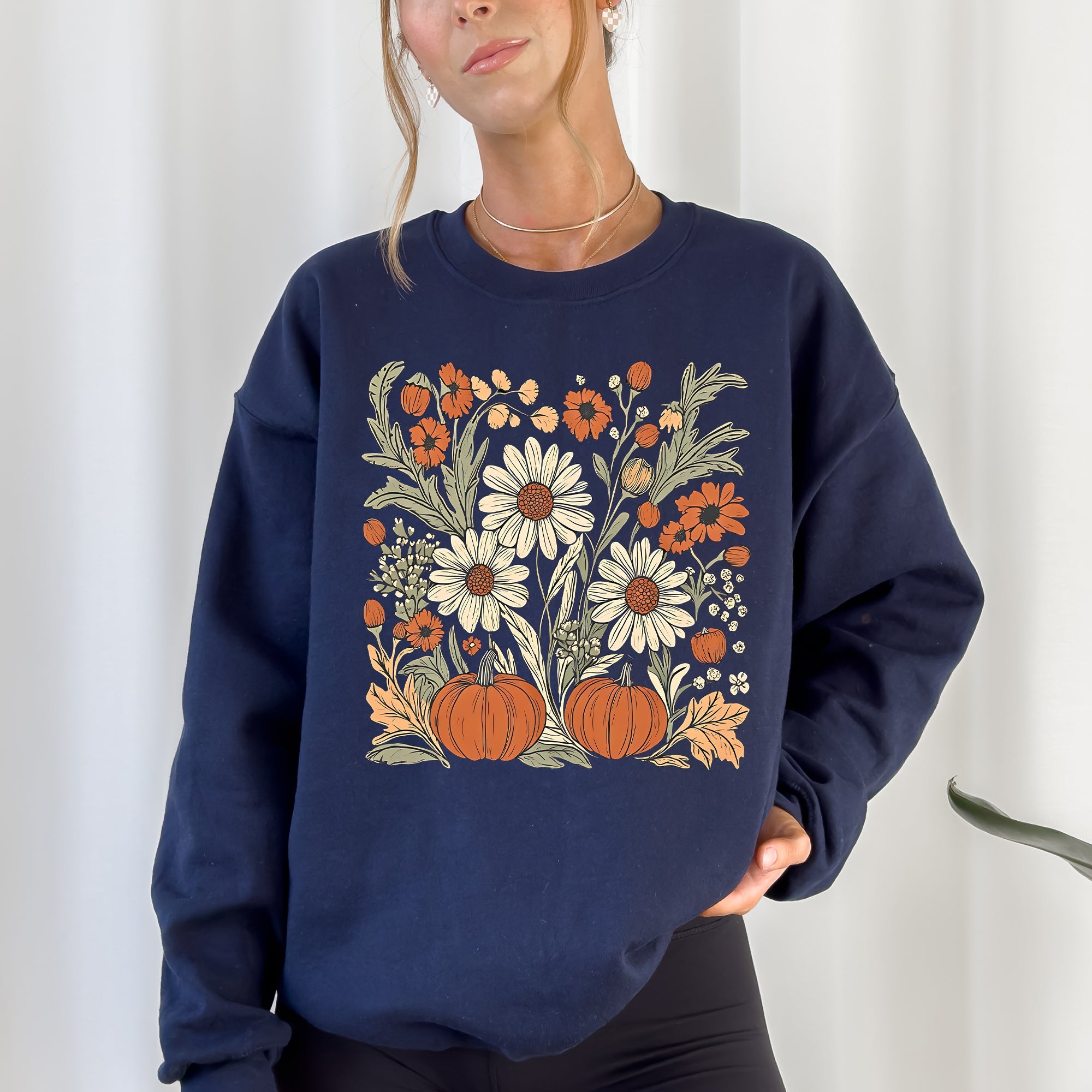 Autumn Botanical Floral Pressed Flowers Pumpkins Thanksgiving Season Cozy Sweatshirt
