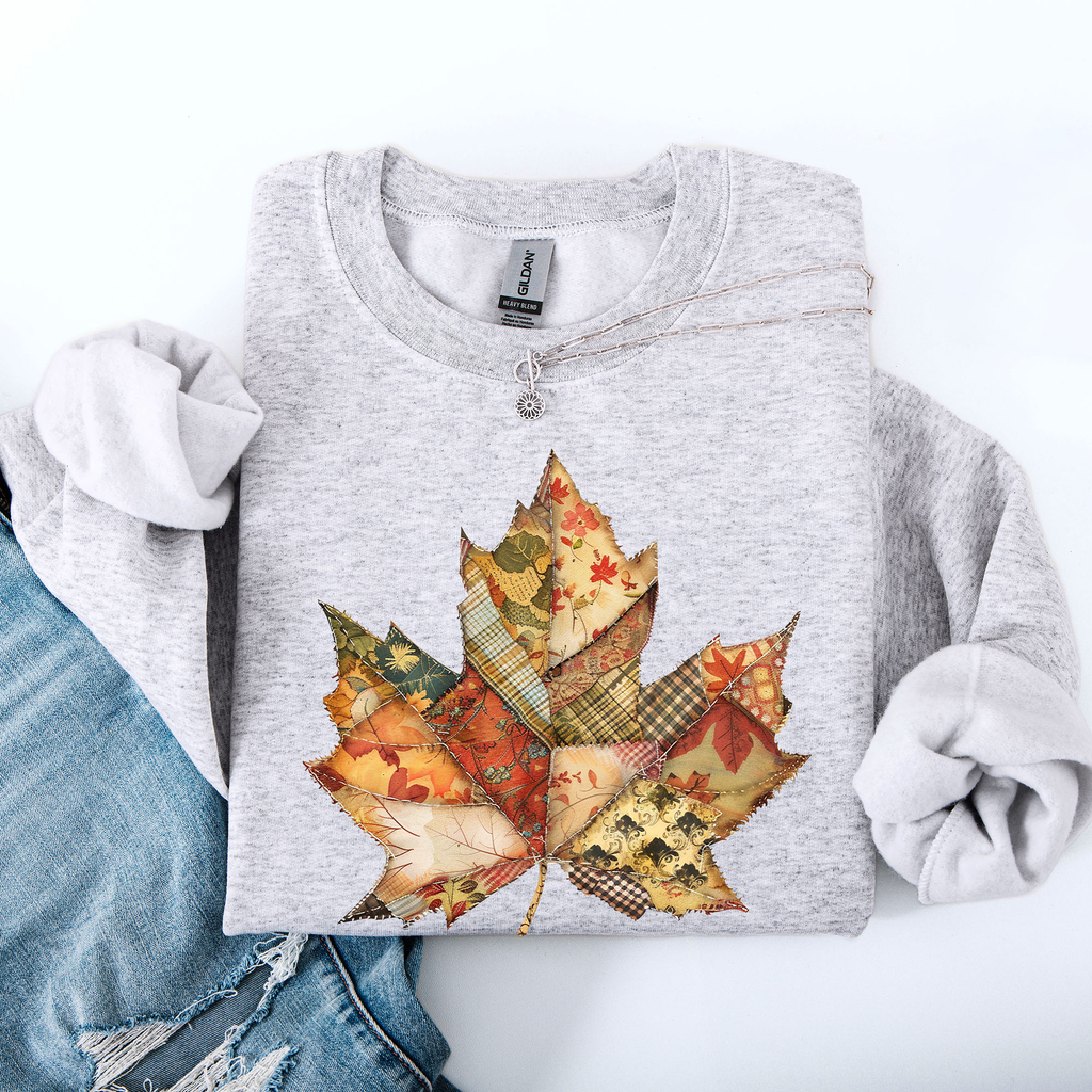 Autumn Leaf Faux Quilt Leaves Floral Sunflowers Pumpkins Thanksgiving Sweatshirt