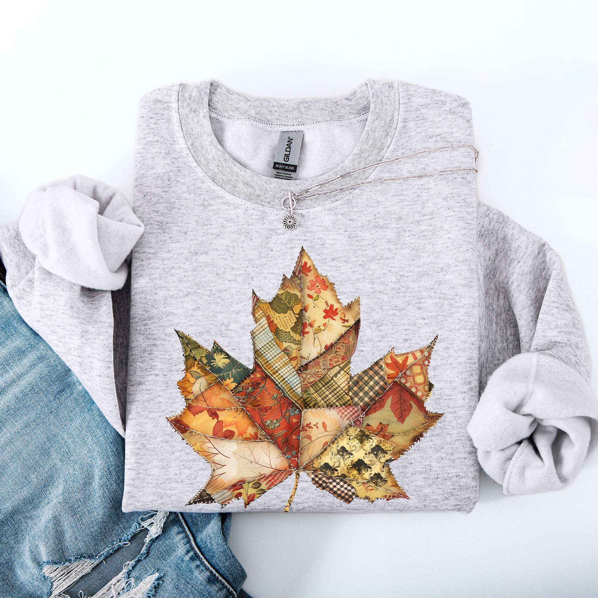 Autumn Leaf Faux Quilt Leaves Floral Sunflowers Pumpkins Thanksgiving Sweatshirt