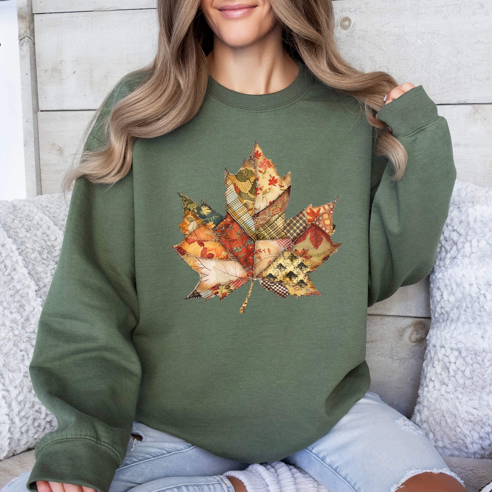 Autumn Leaf Faux Quilt Leaves Floral Sunflowers Pumpkins Thanksgiving Sweatshirt