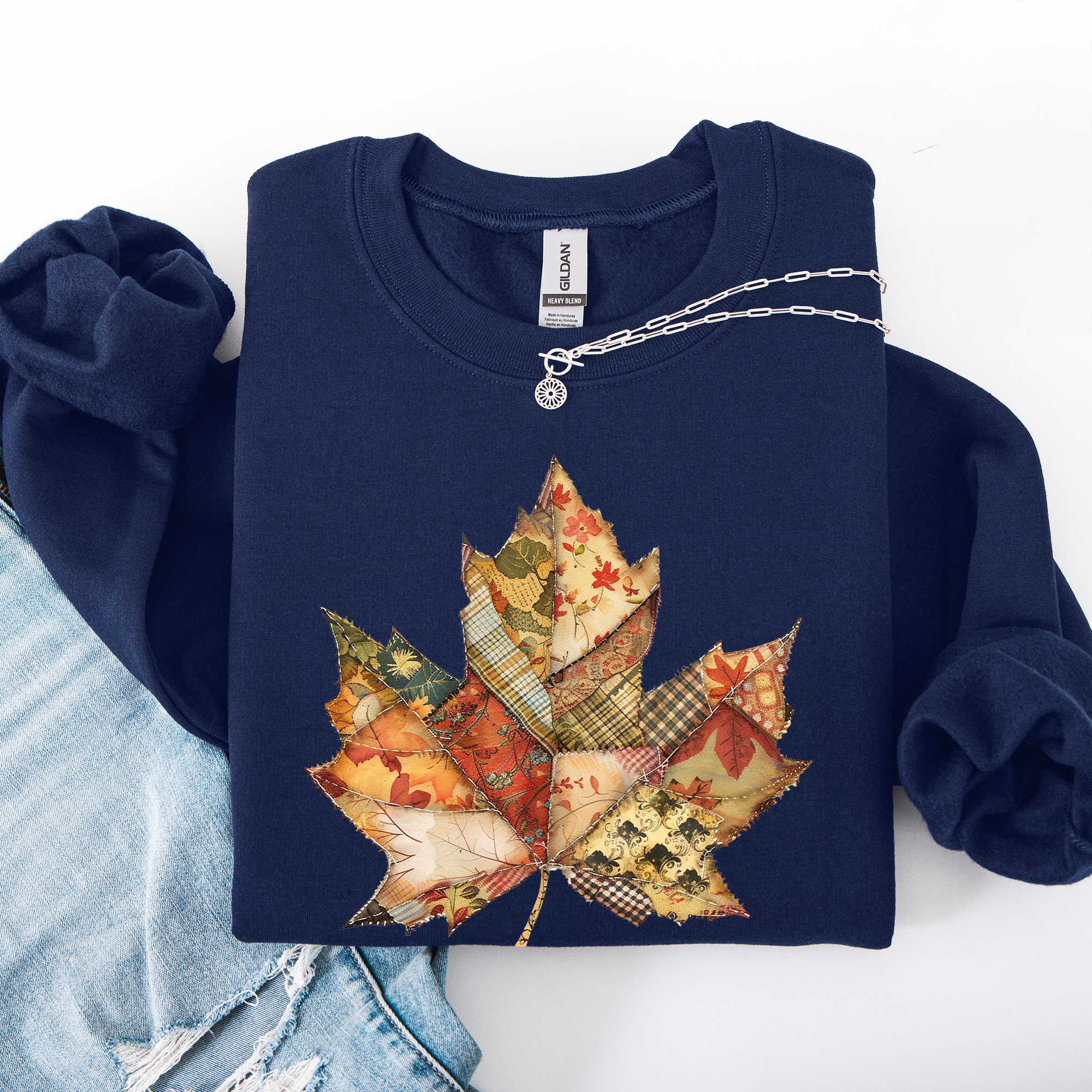 Autumn Leaf Faux Quilt Leaves Floral Sunflowers Pumpkins Thanksgiving Sweatshirt