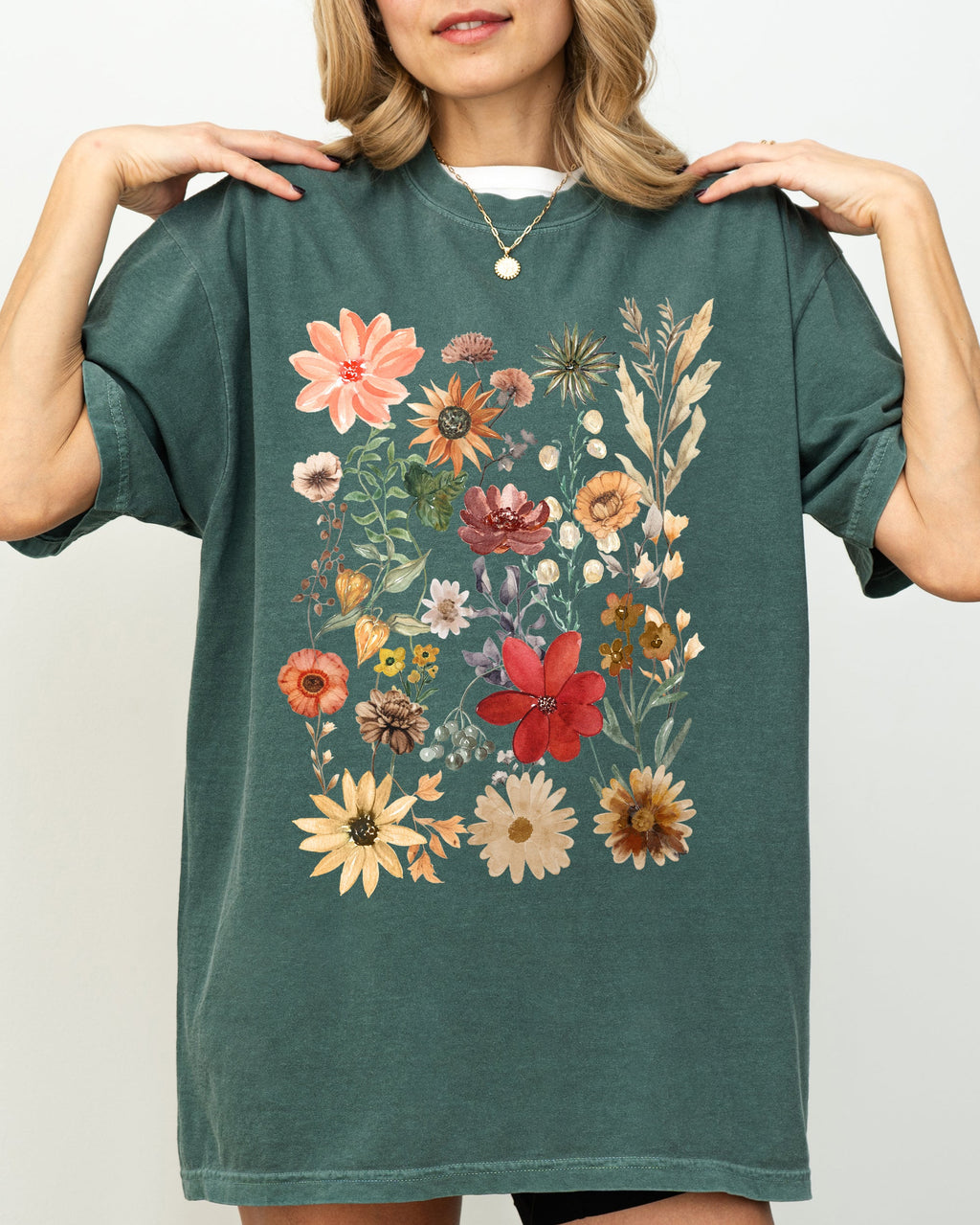 Autumn Pressed Flowers With Botanical Leaves And Rustic Fall Aesthetic For Nature Lovers Comfort Colors Tee