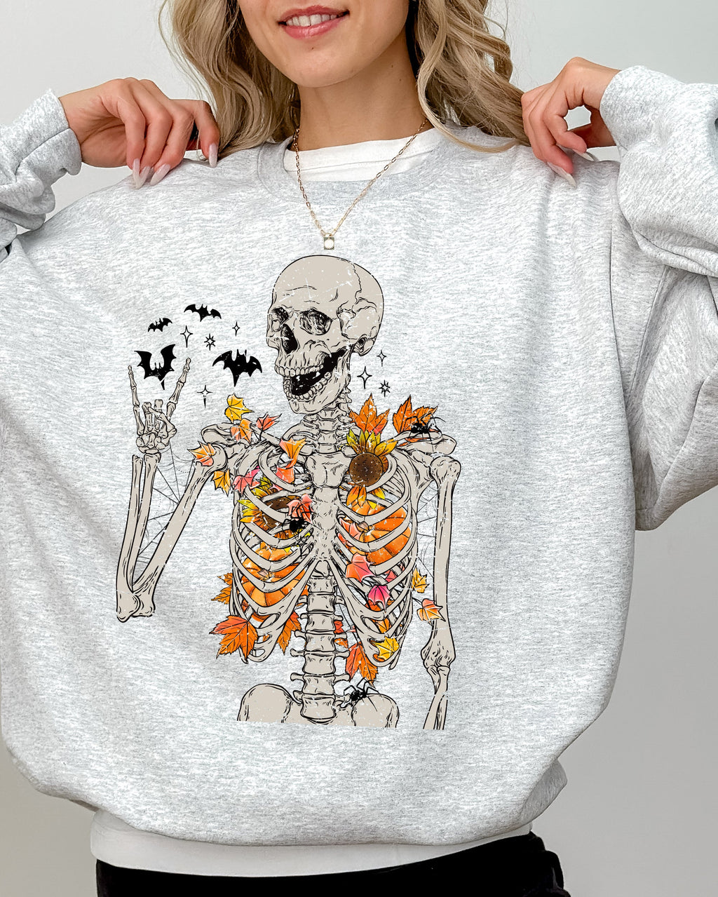 Autumn Skeleton Bats Halloween Fall Night Cozy Haunted Vibes Illustration Sweatshirt