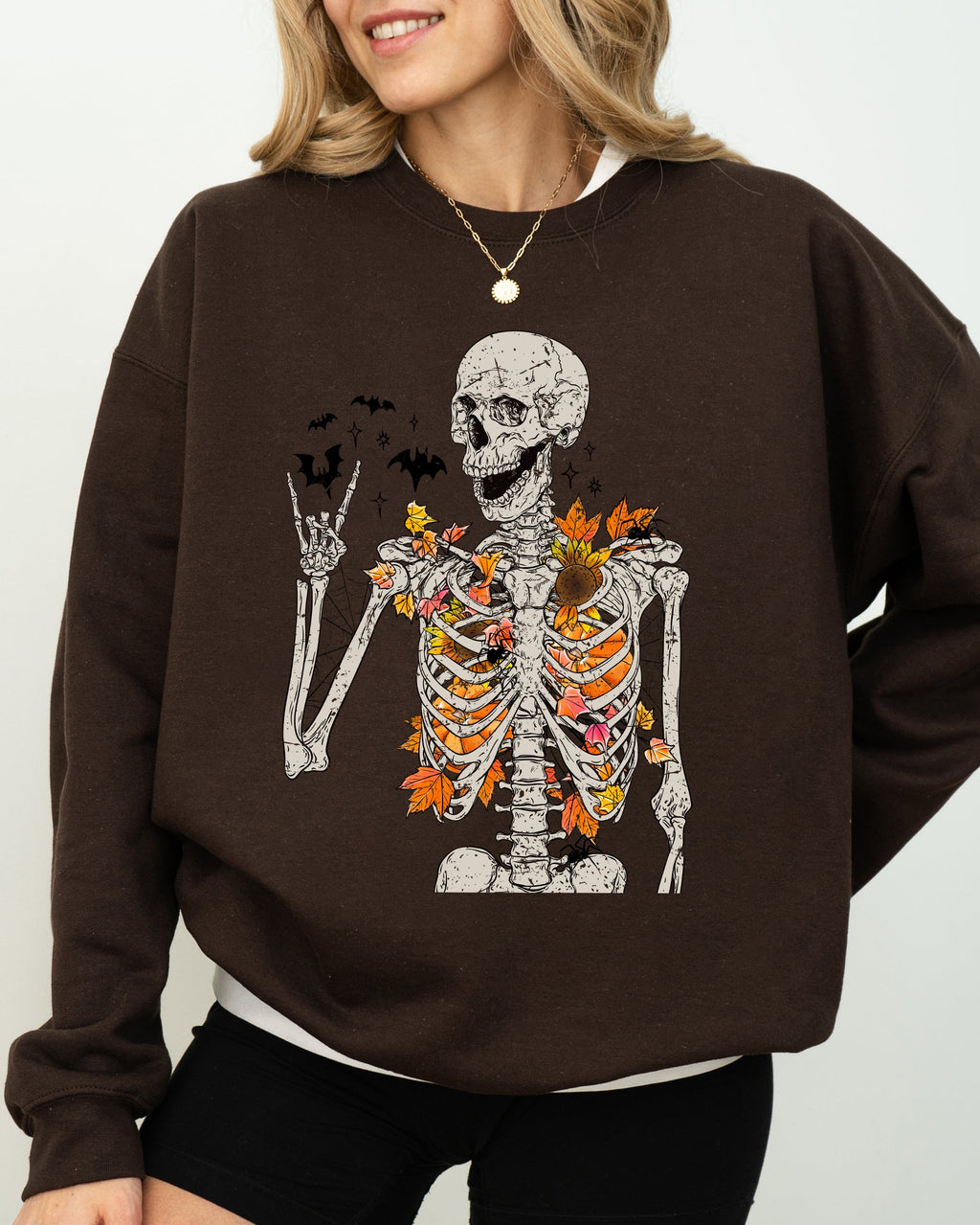 Autumn Skeleton Bats Halloween Fall Night Cozy Haunted Vibes Illustration Sweatshirt